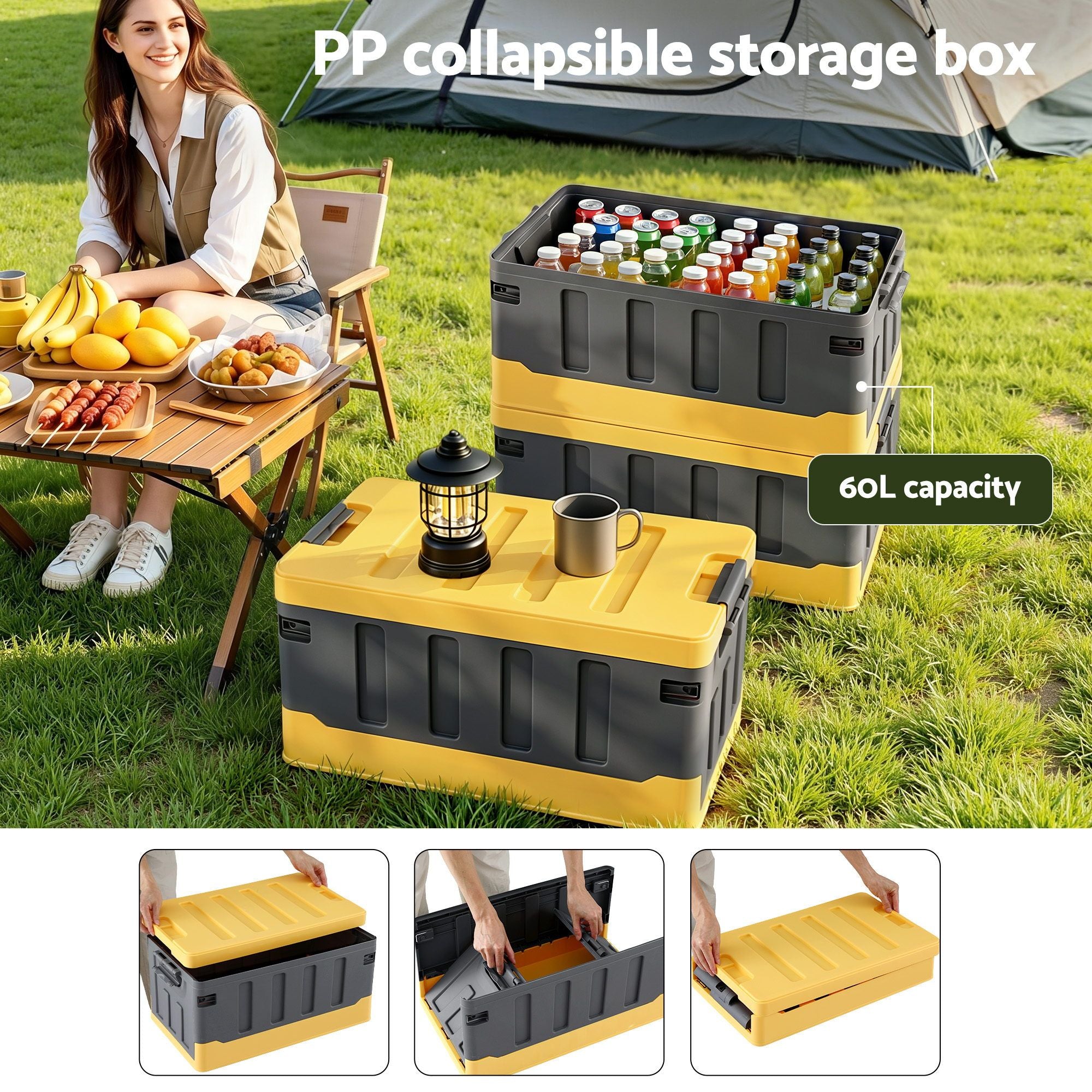 60L Collapsible Stackable Outdoor Storage Box Folding Camping Organizer - Yellow