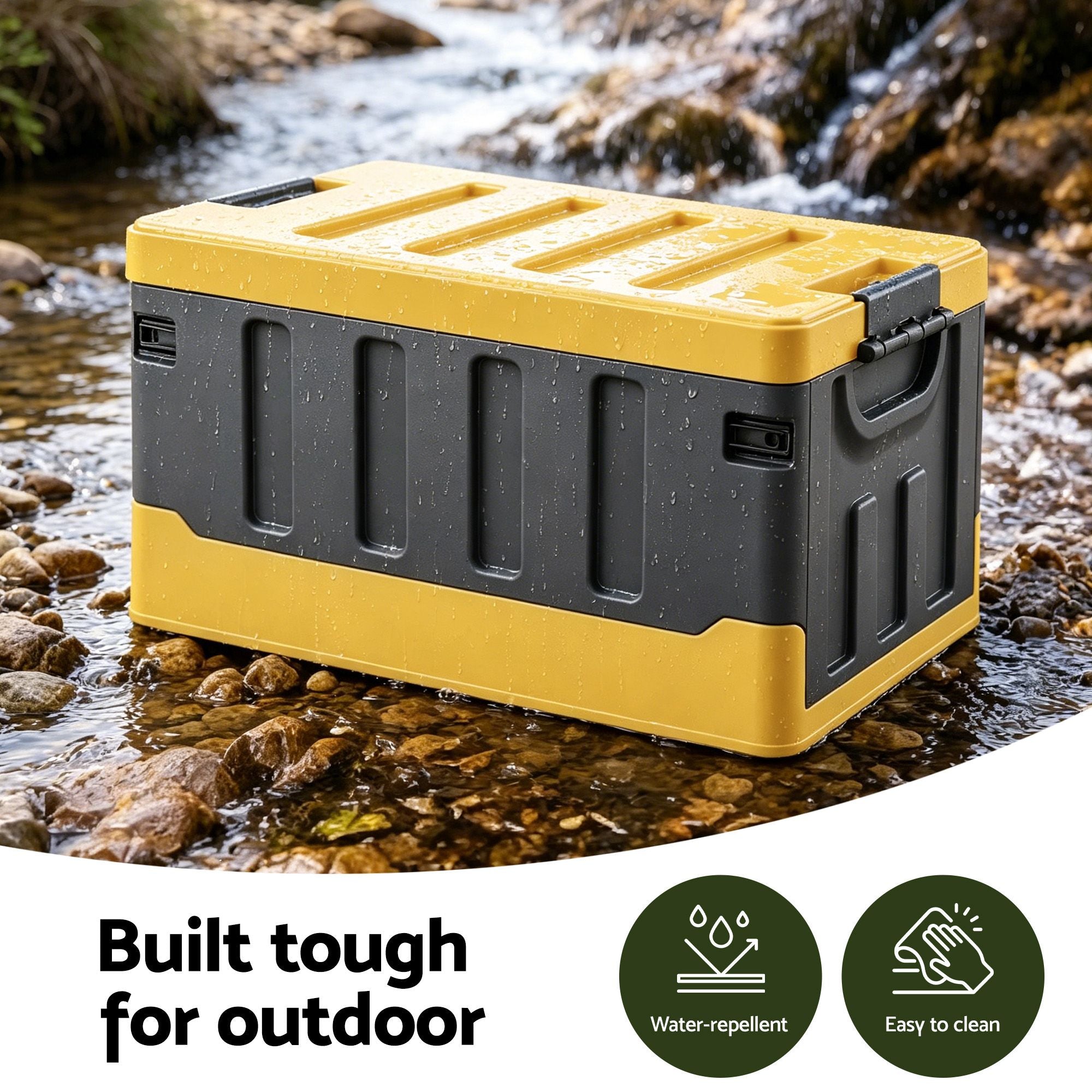 60L Collapsible Stackable Outdoor Storage Box Folding Camping Organizer - Yellow
