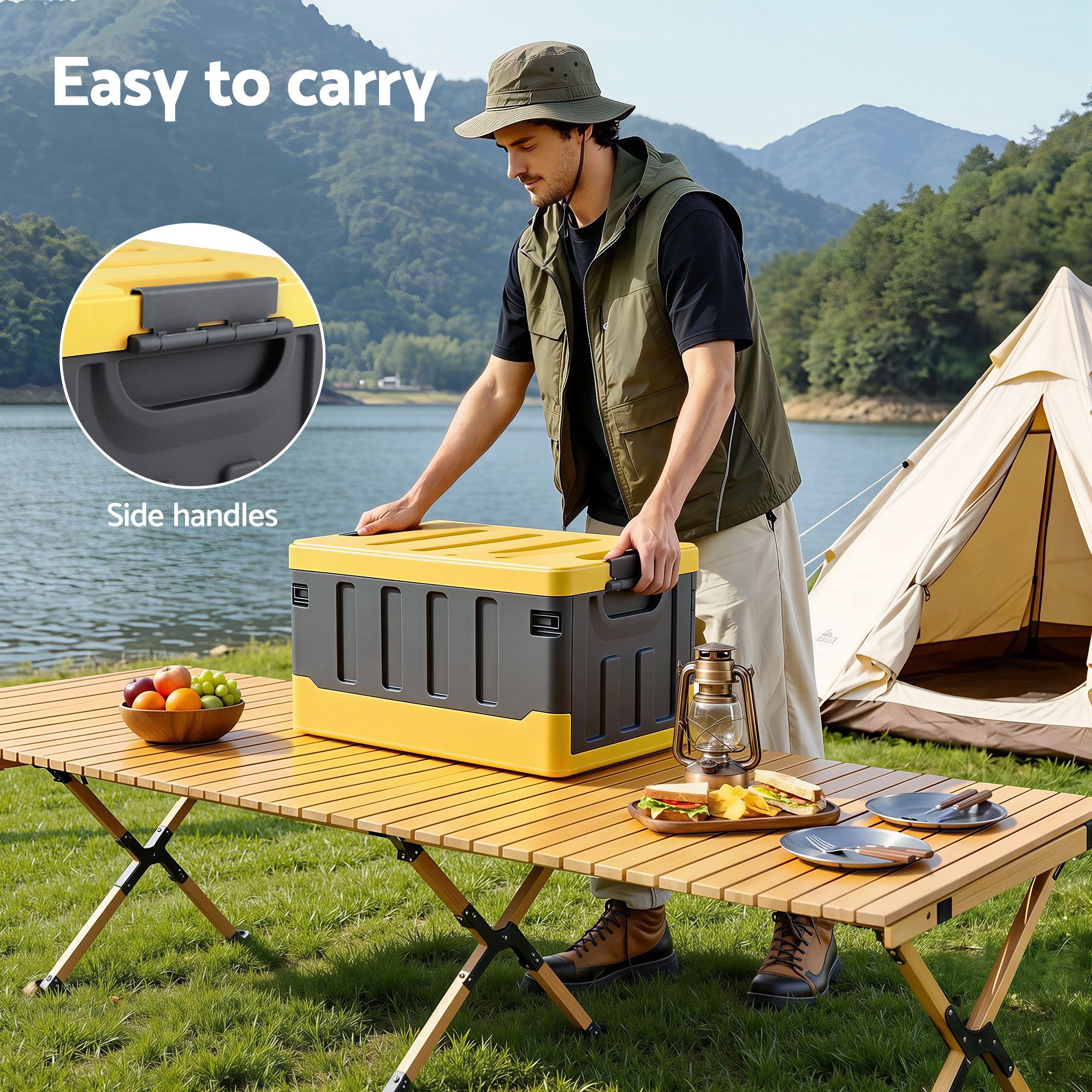 60L Collapsible Stackable Outdoor Storage Box Folding Camping Organizer - Yellow