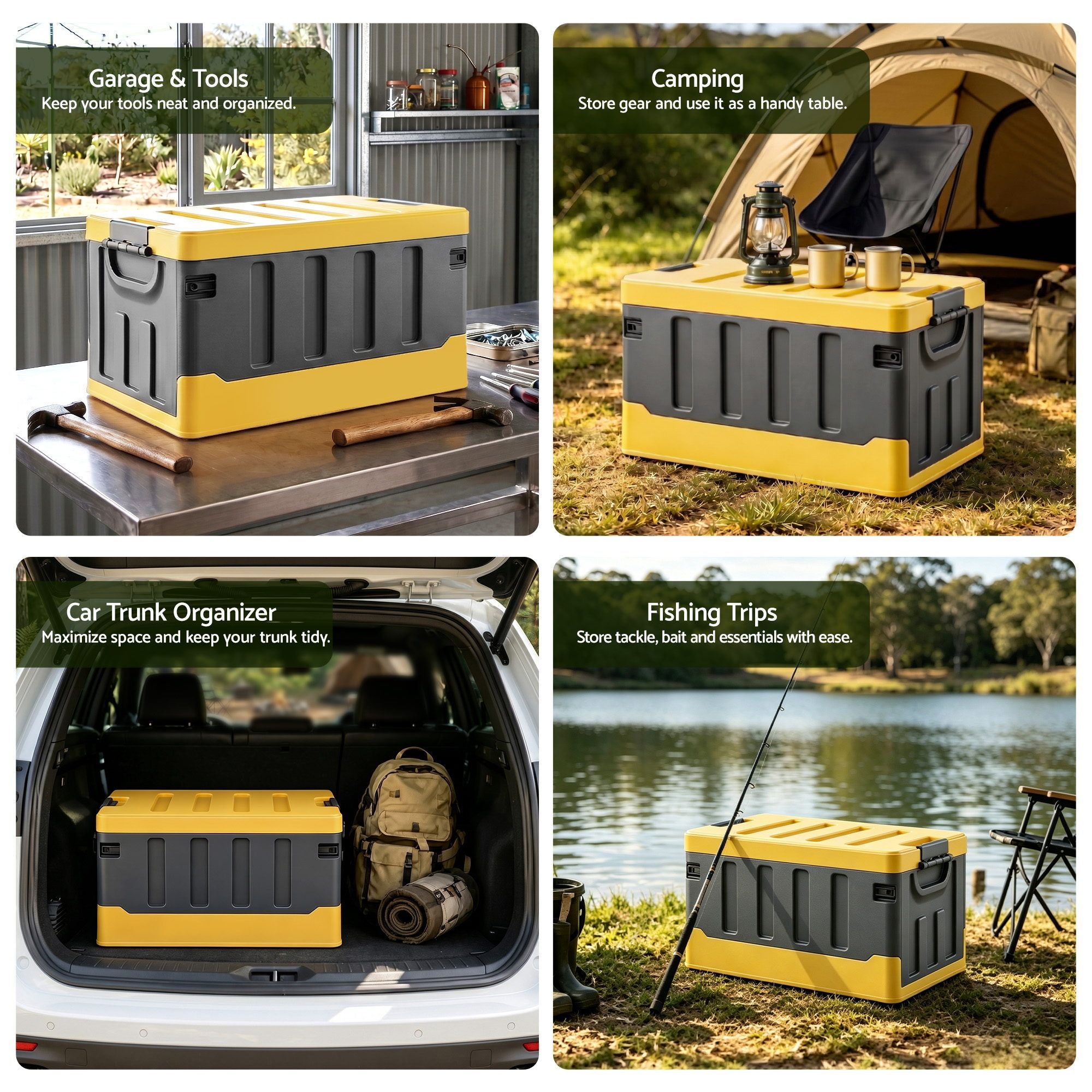 60L Collapsible Stackable Outdoor Storage Box Folding Camping Organizer - Yellow