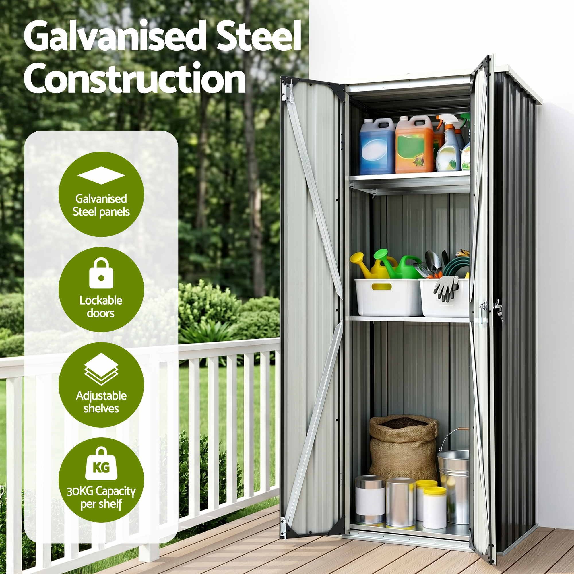 Outdoor Lockable Garden Storage Cabinet with Adjustable Steel Shelves - Black