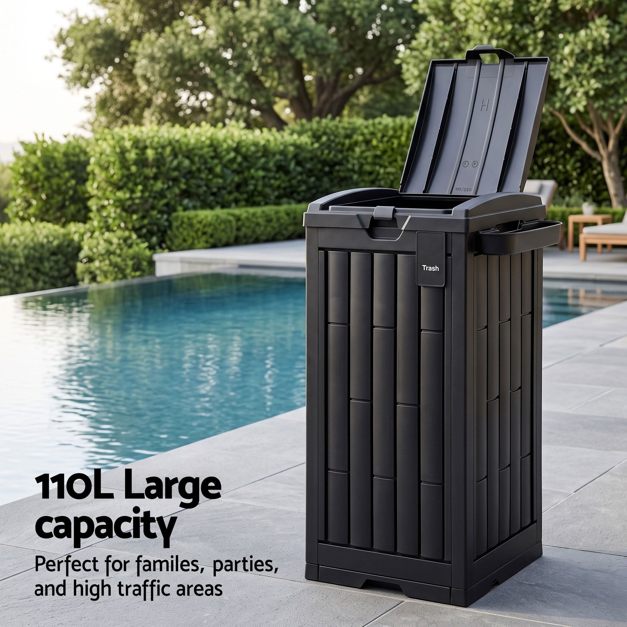 Outdoor Trash Cans Polypropylene Patio Hideaway Bin 110L Black