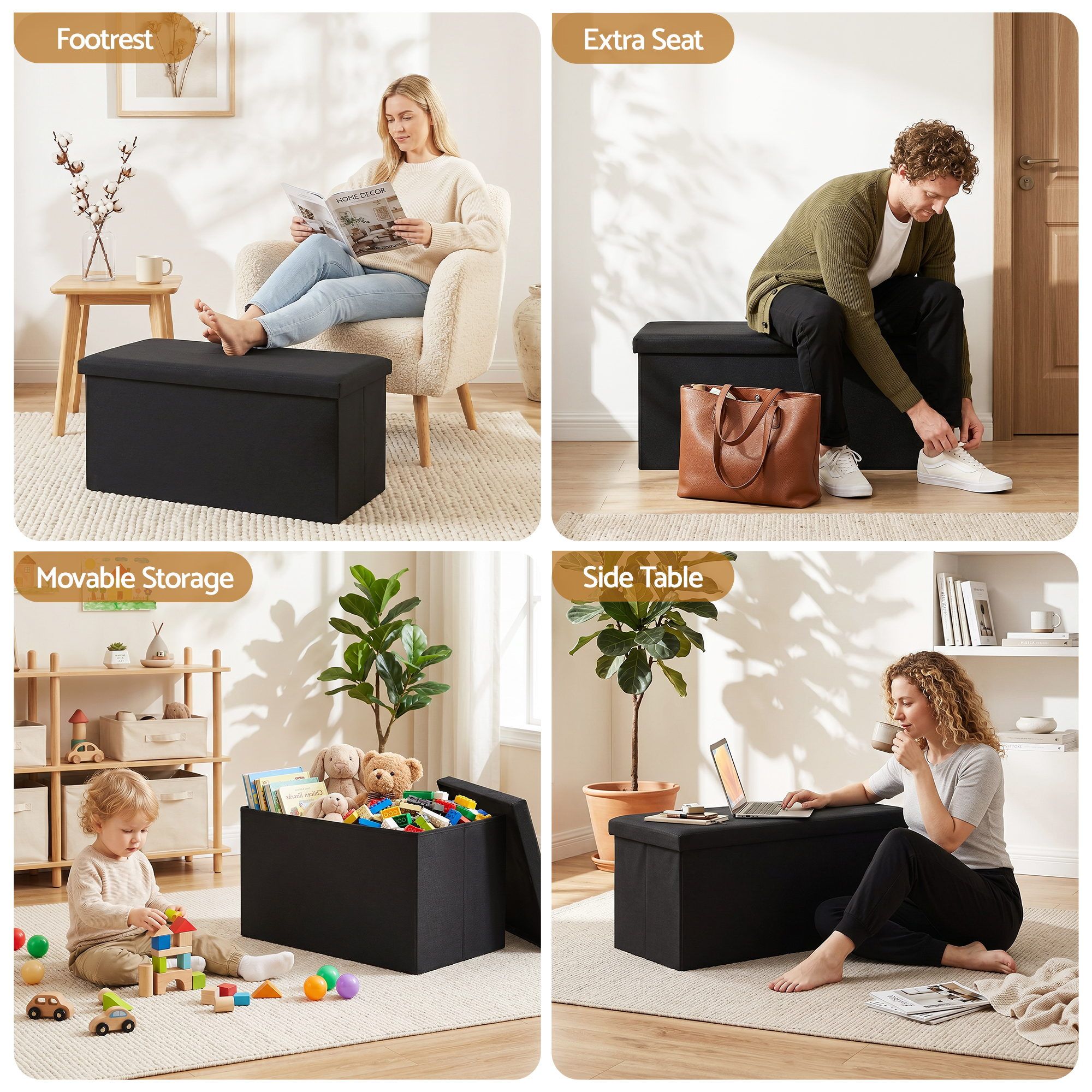 Storage Ottoman Bench Folding Blanket Box Toy Organiser Foot Stool Black