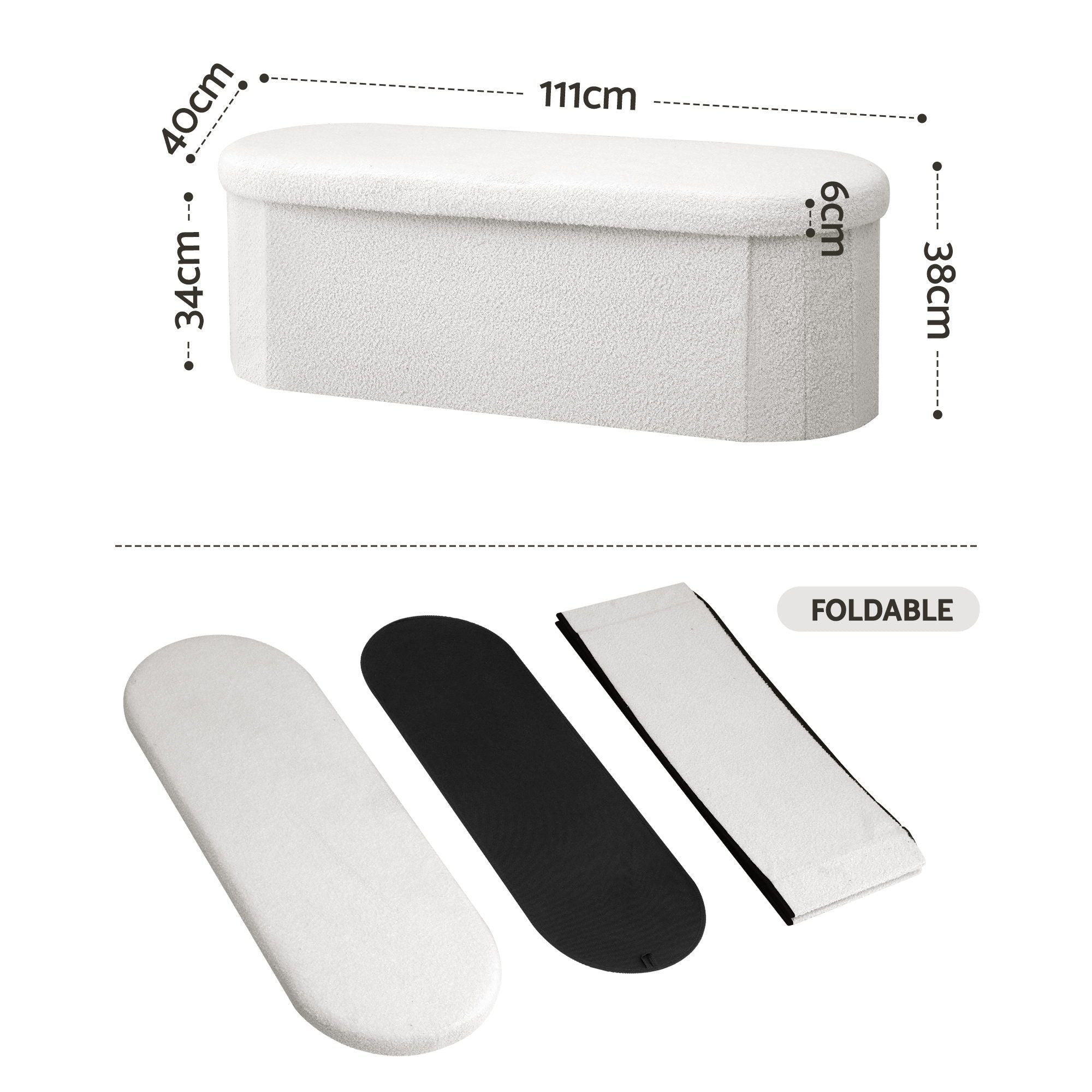 Storage Ottoman Foot Stool Rest Boucle Fabric Foldable White