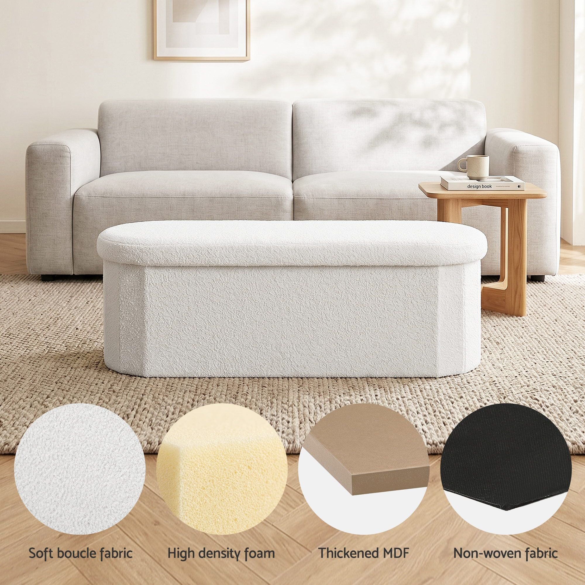 Storage Ottoman Foot Stool Rest Boucle Fabric Foldable White