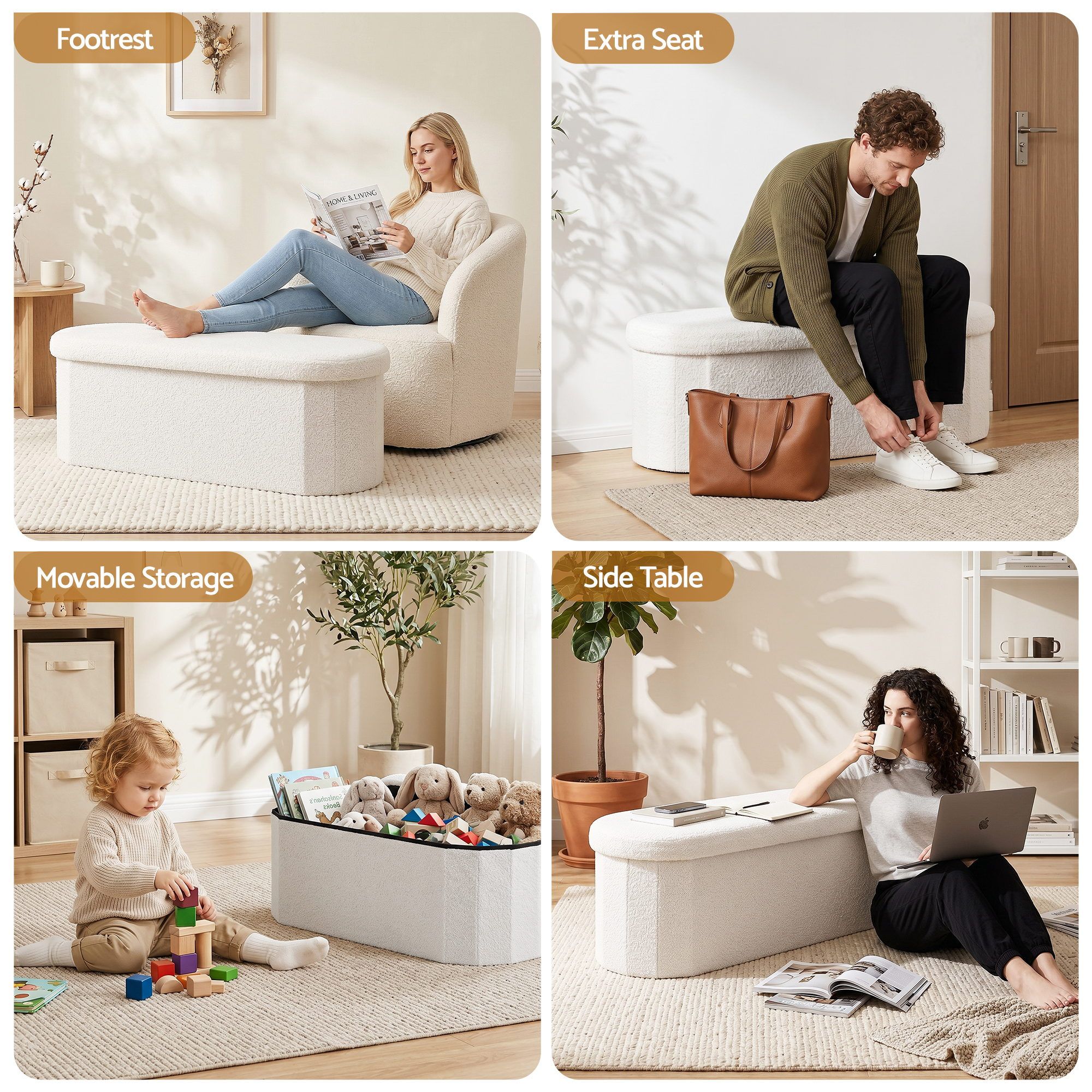 Storage Ottoman Foot Stool Rest Boucle Fabric Foldable White