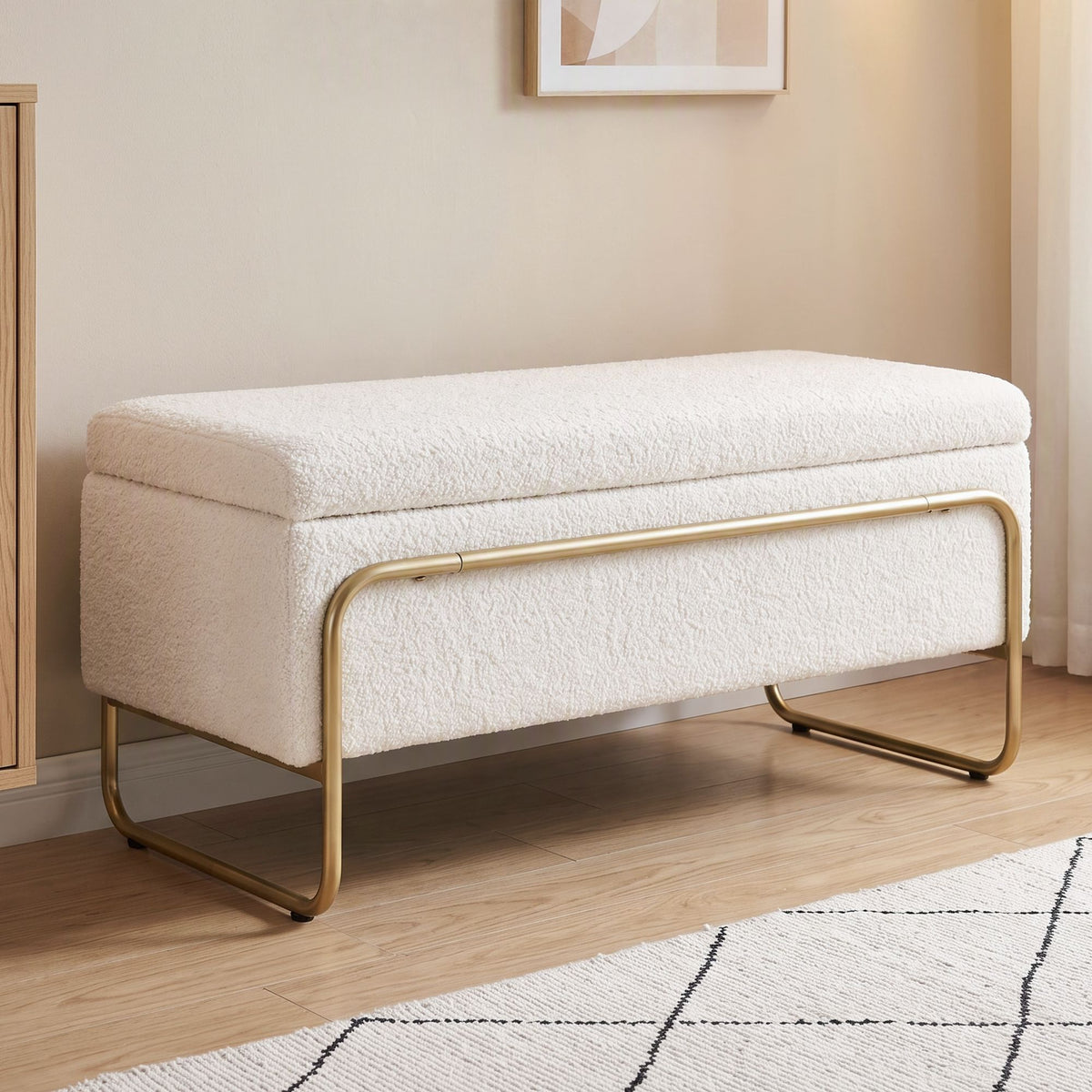 Storage Ottoman with Padded Boucle Seat and Hidden Compartment - Cream White