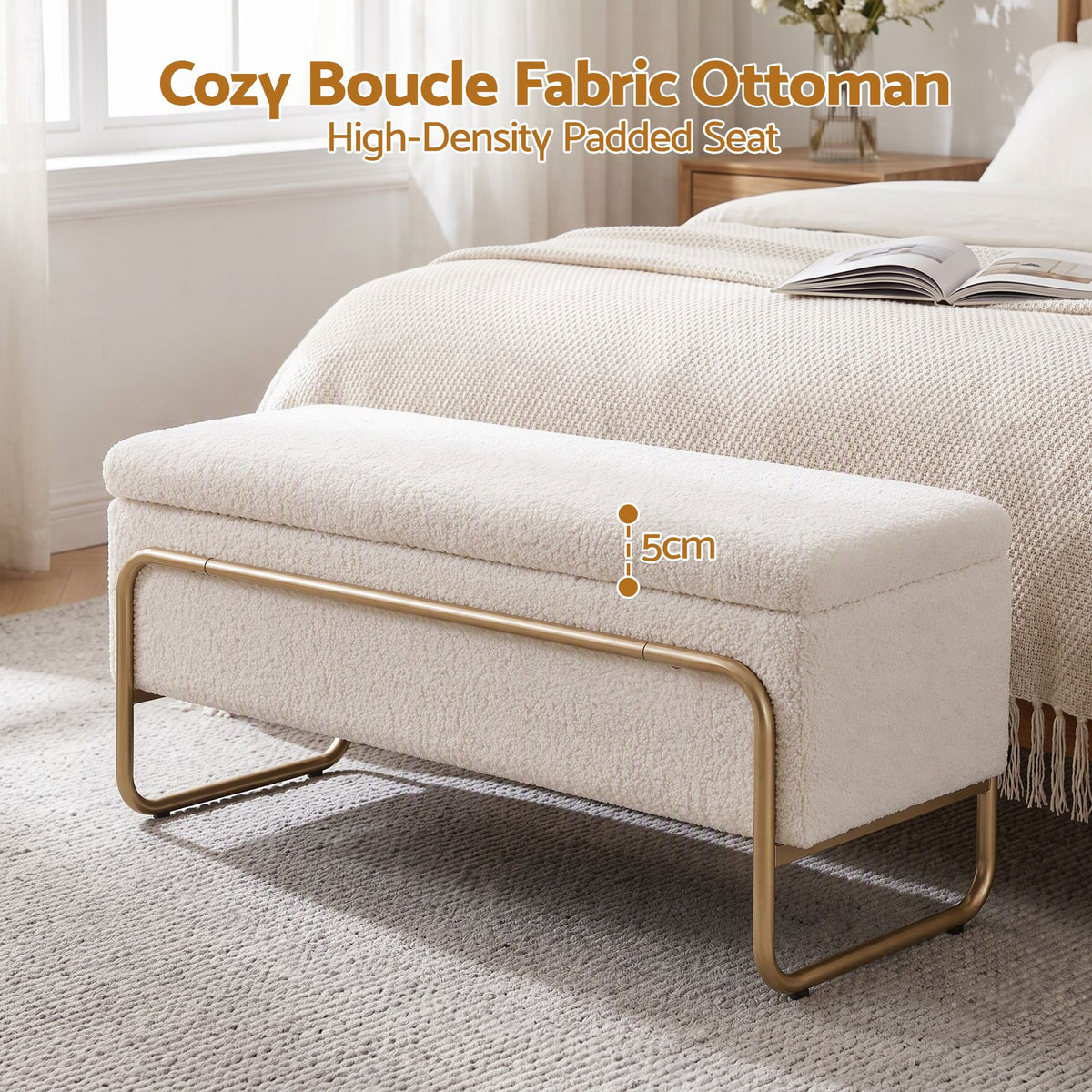 Storage Ottoman with Padded Boucle Seat and Hidden Compartment - Cream White