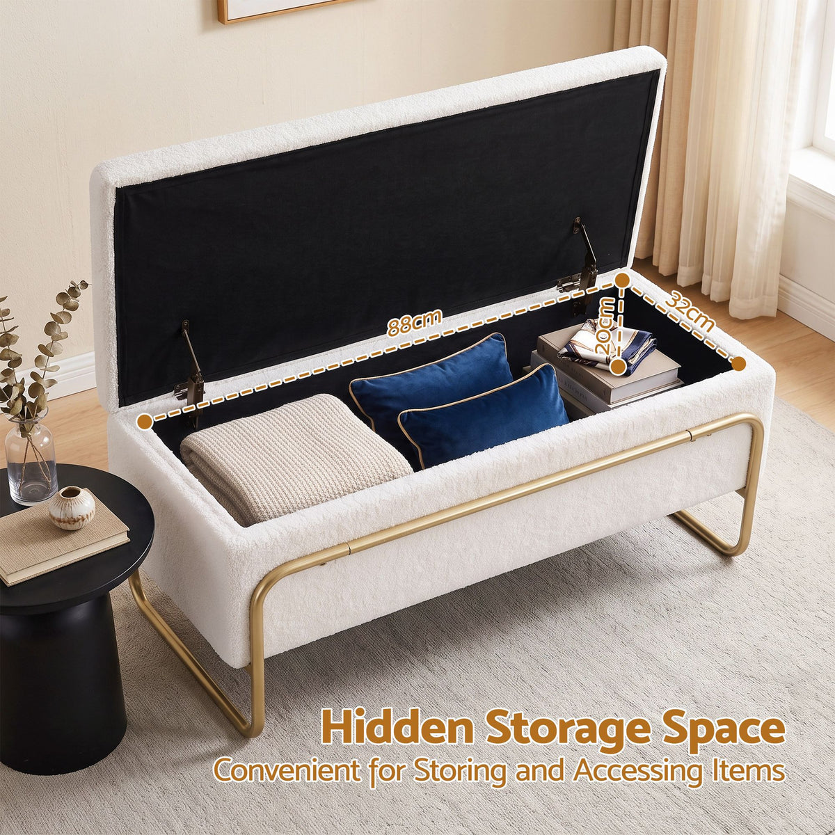 Storage Ottoman with Padded Boucle Seat and Hidden Compartment - Cream White