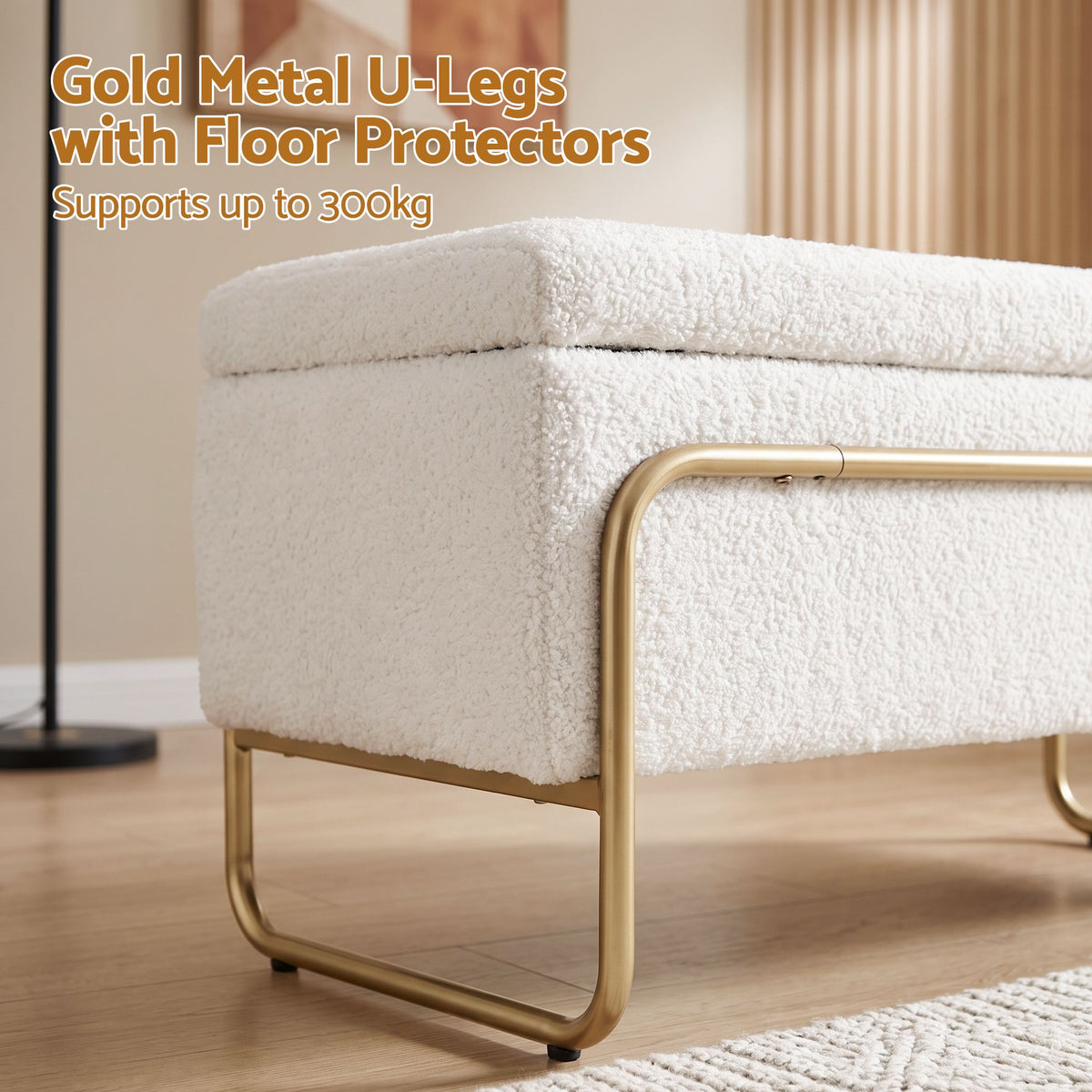 Storage Ottoman with Padded Boucle Seat and Hidden Compartment - Cream White