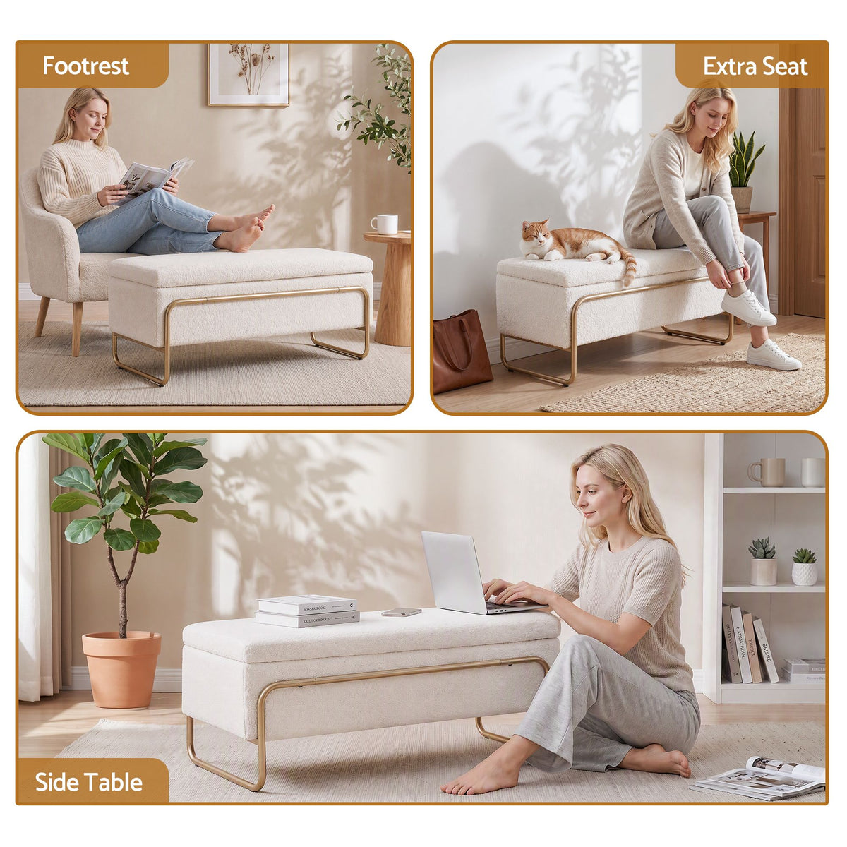 Storage Ottoman with Padded Boucle Seat and Hidden Compartment - Cream White