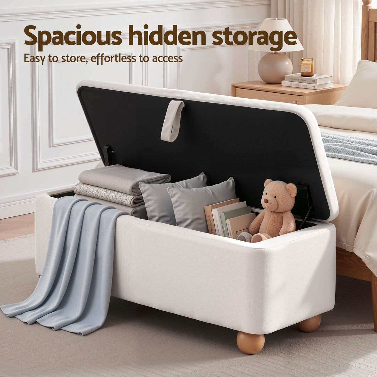 Storage Ottoman Velvet Blanket Box Hidden Bench 97cm - Beige