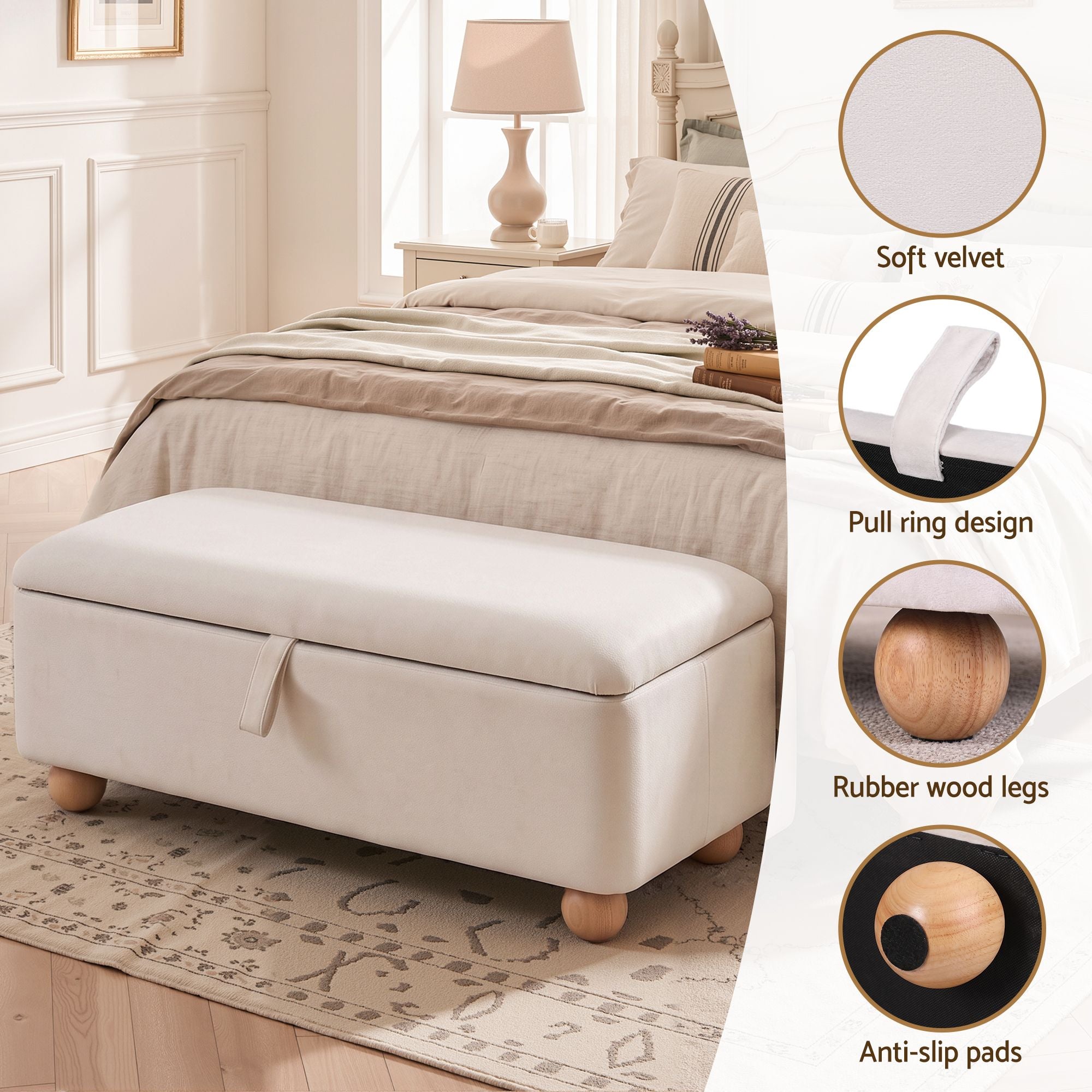 Storage Ottoman Velvet Blanket Box Hidden Bench 97cm - Beige