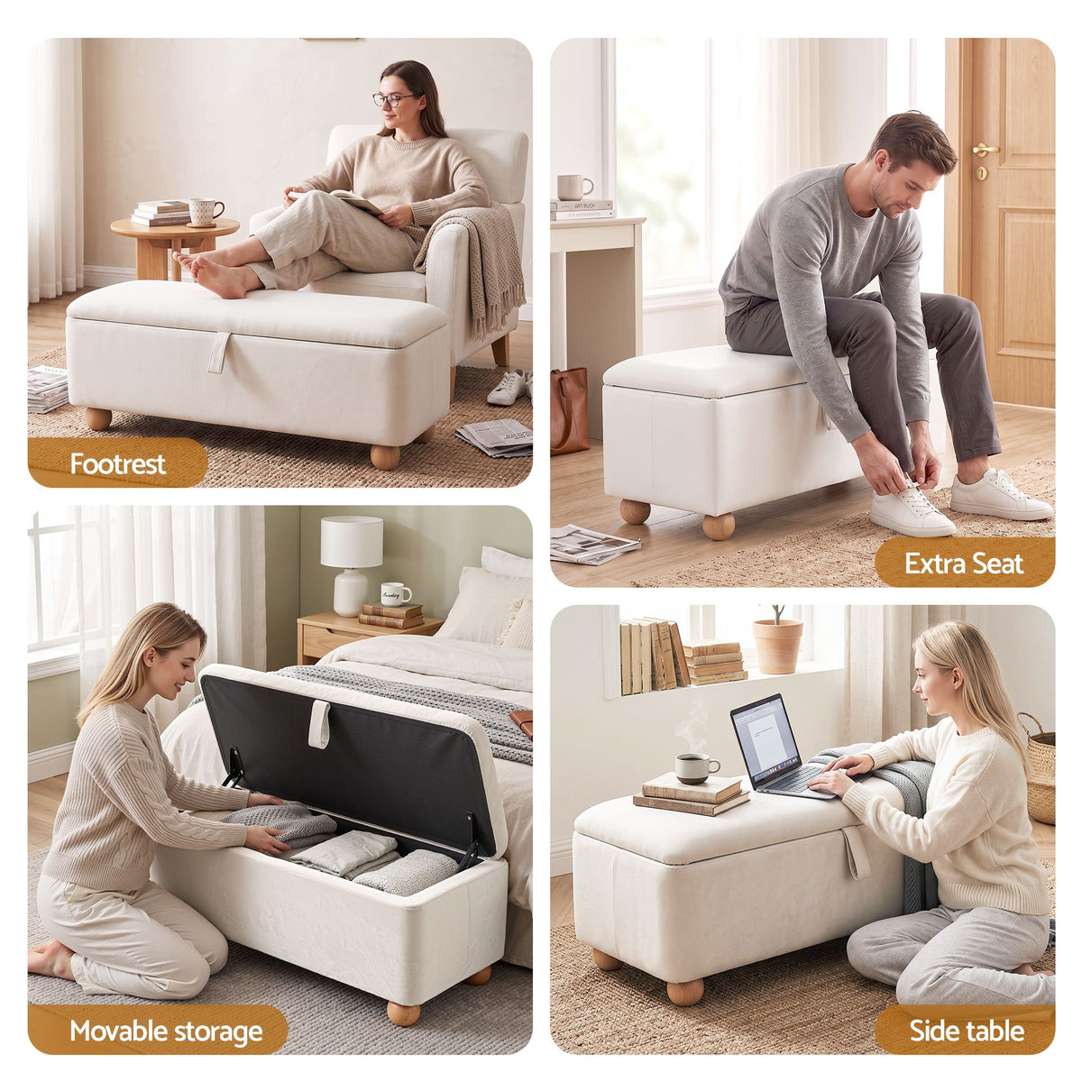 Storage Ottoman Velvet Blanket Box Hidden Bench 97cm - Beige