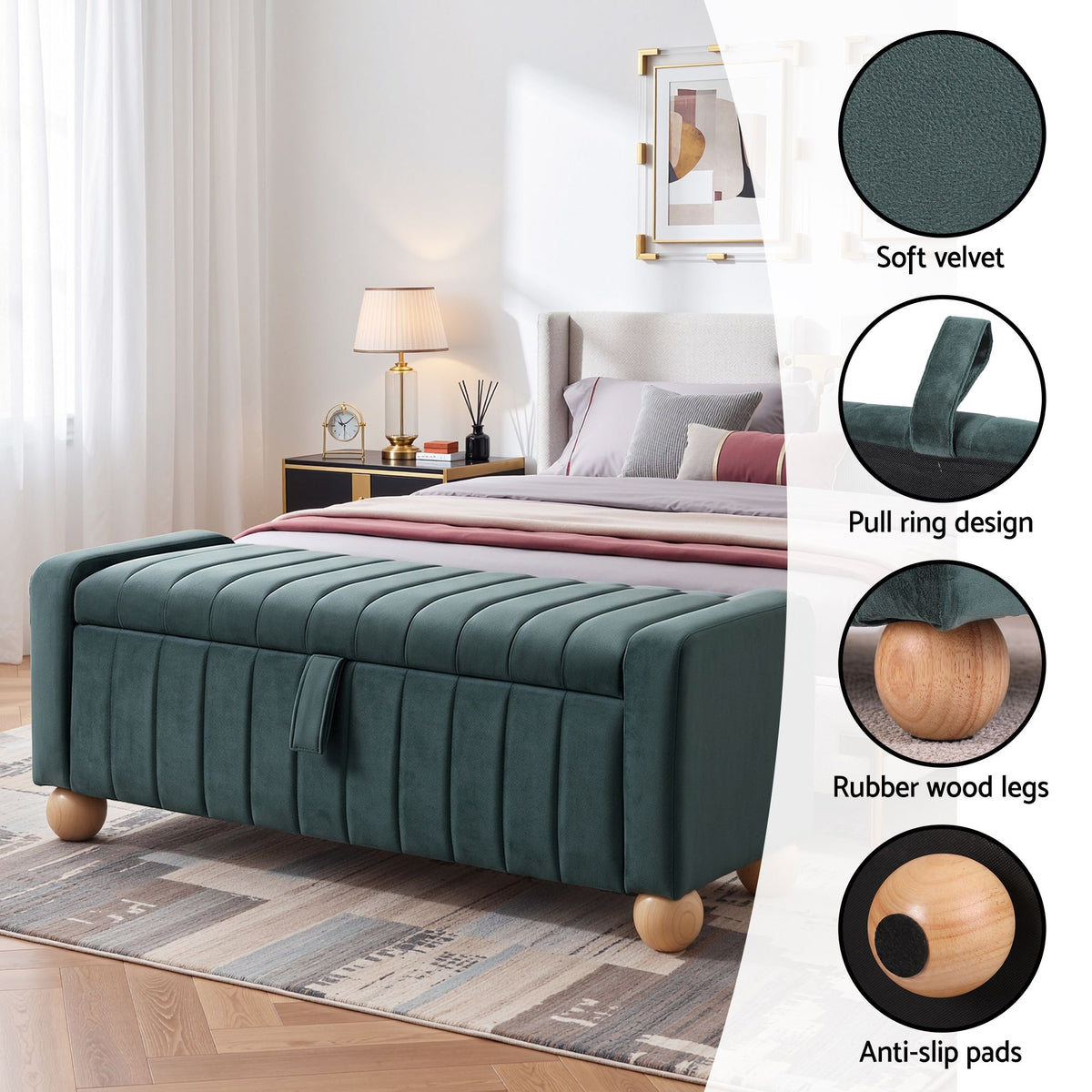 Storage Ottoman Bench with Velvet Upholstery and Ball Feet - Green