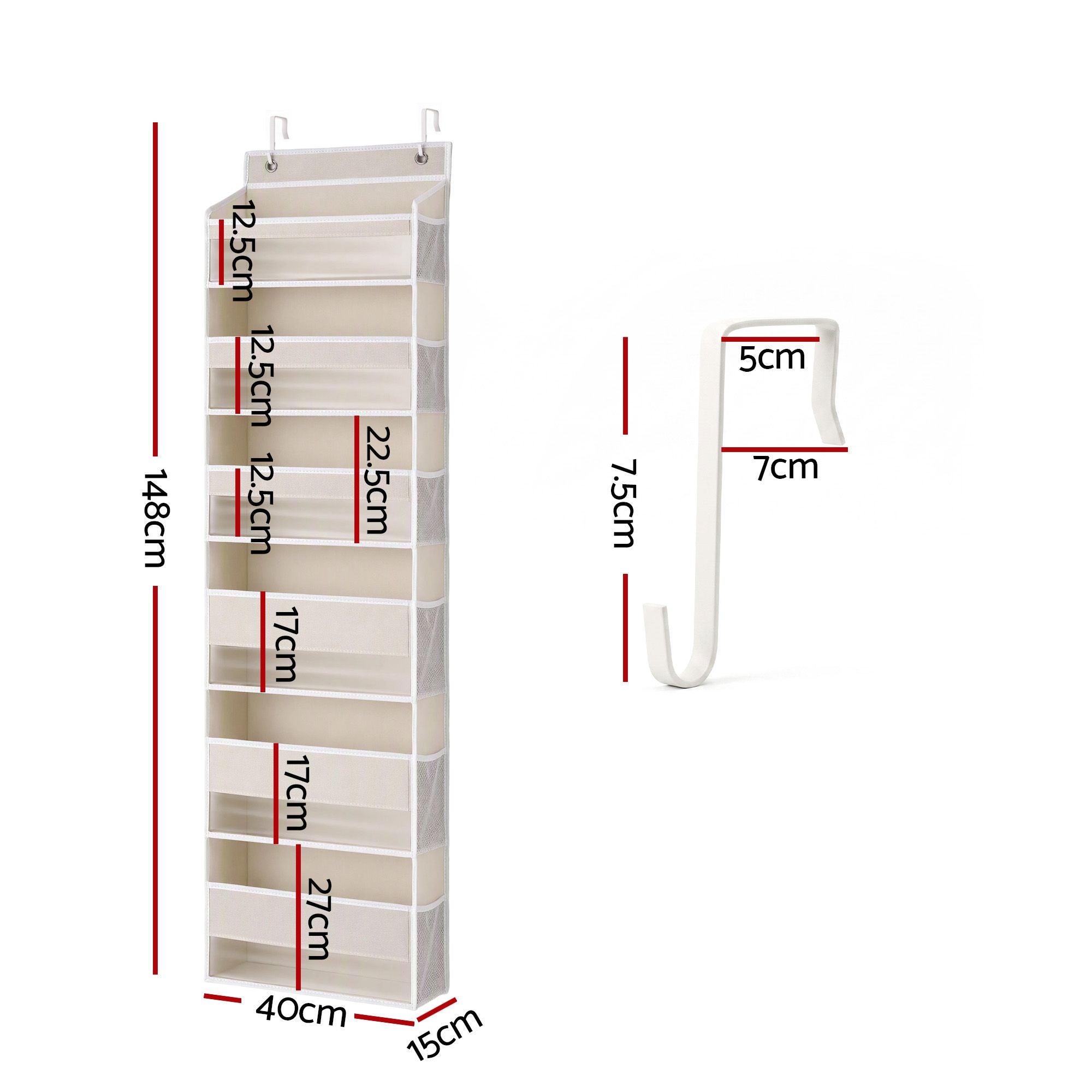 Over Door Storage Hanger Pantry 6-Tier 12 Pockets Fabric Organiser Beige