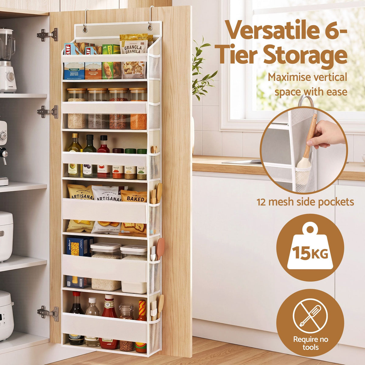 Over Door Storage Hanger Pantry 6-Tier 12 Pockets Fabric Organiser Beige