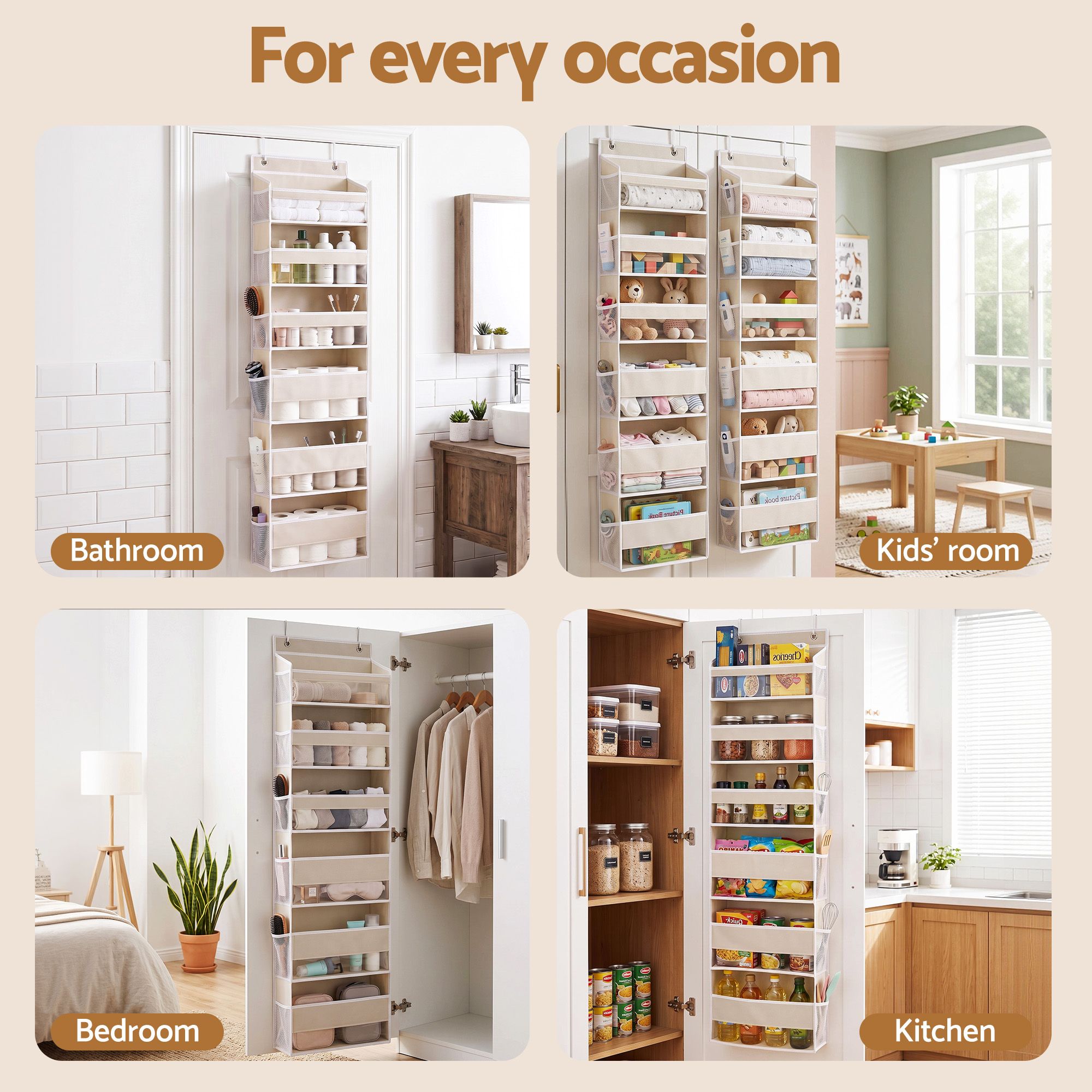 Over Door Storage Hanger Pantry 6-Tier 12 Pockets Fabric Organiser Beige