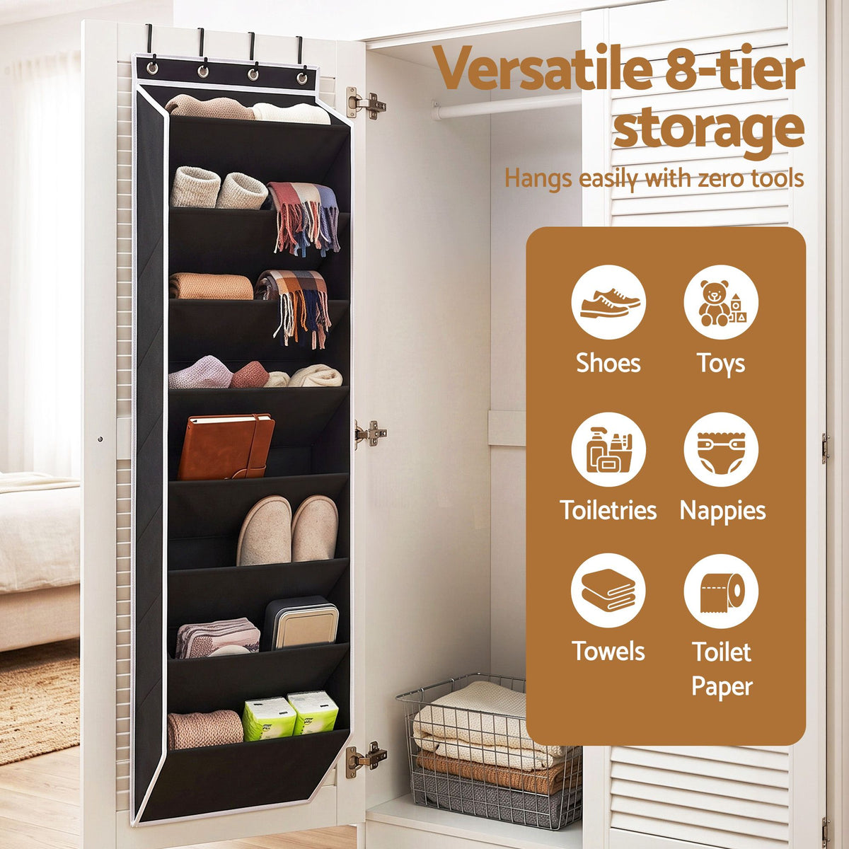 Over Door Shoe Organiser Storage 8-Tier Pantry Hanger Rack Fabric Black