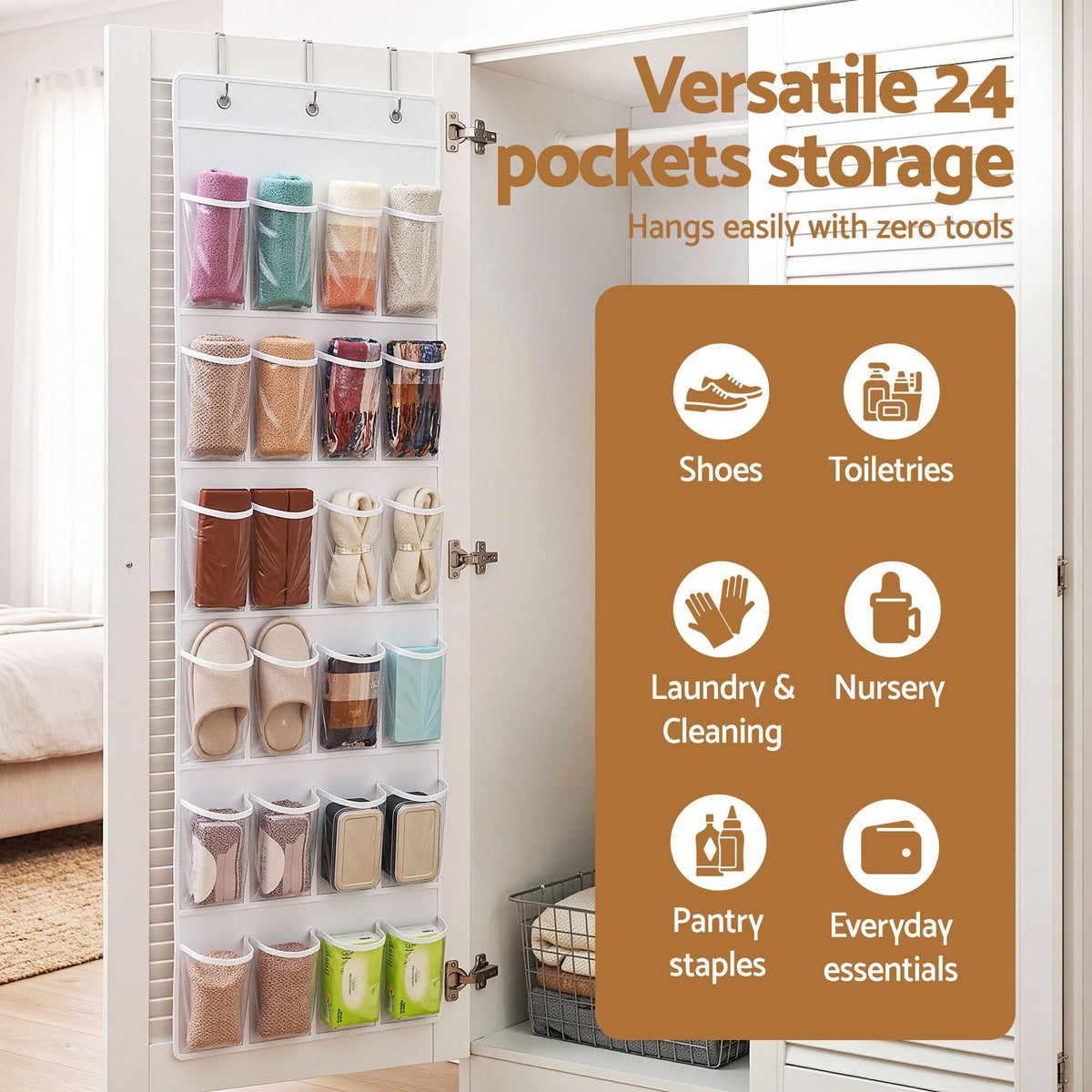Over Door Shoe Organiser Storage 6-Tier Pantry Hanger 24 Pockets White