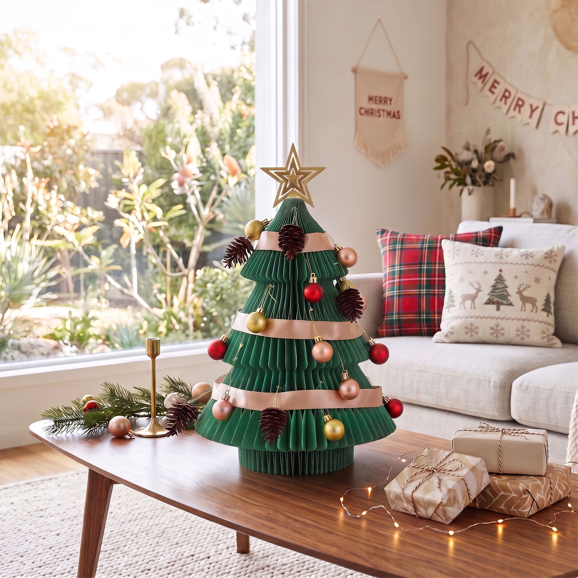 Paper Christmas Tree 47CM w/ Star Topper Xmas Decor Tabletop Green DIY Ornament Set