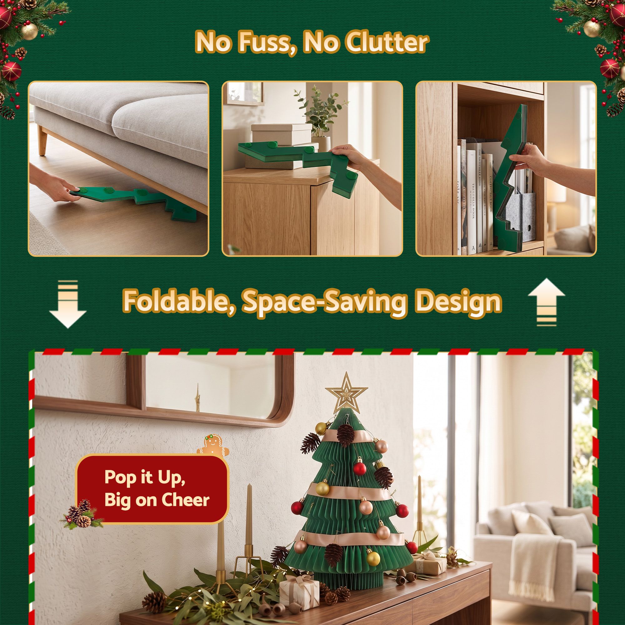 Paper Christmas Tree 47CM w/ Star Topper Xmas Decor Tabletop Green DIY Ornament Set