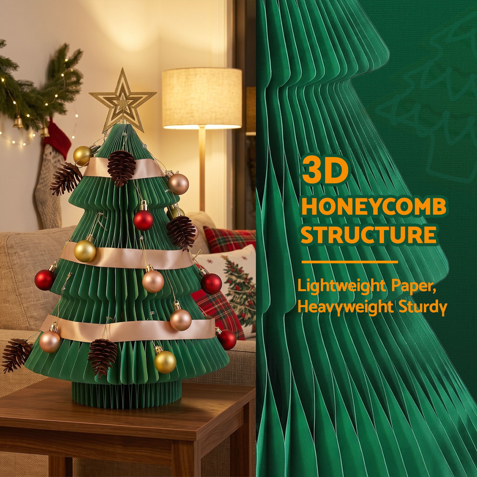 Paper Christmas Tree 47CM w/ Star Topper Xmas Decor Tabletop Green DIY Ornament Set