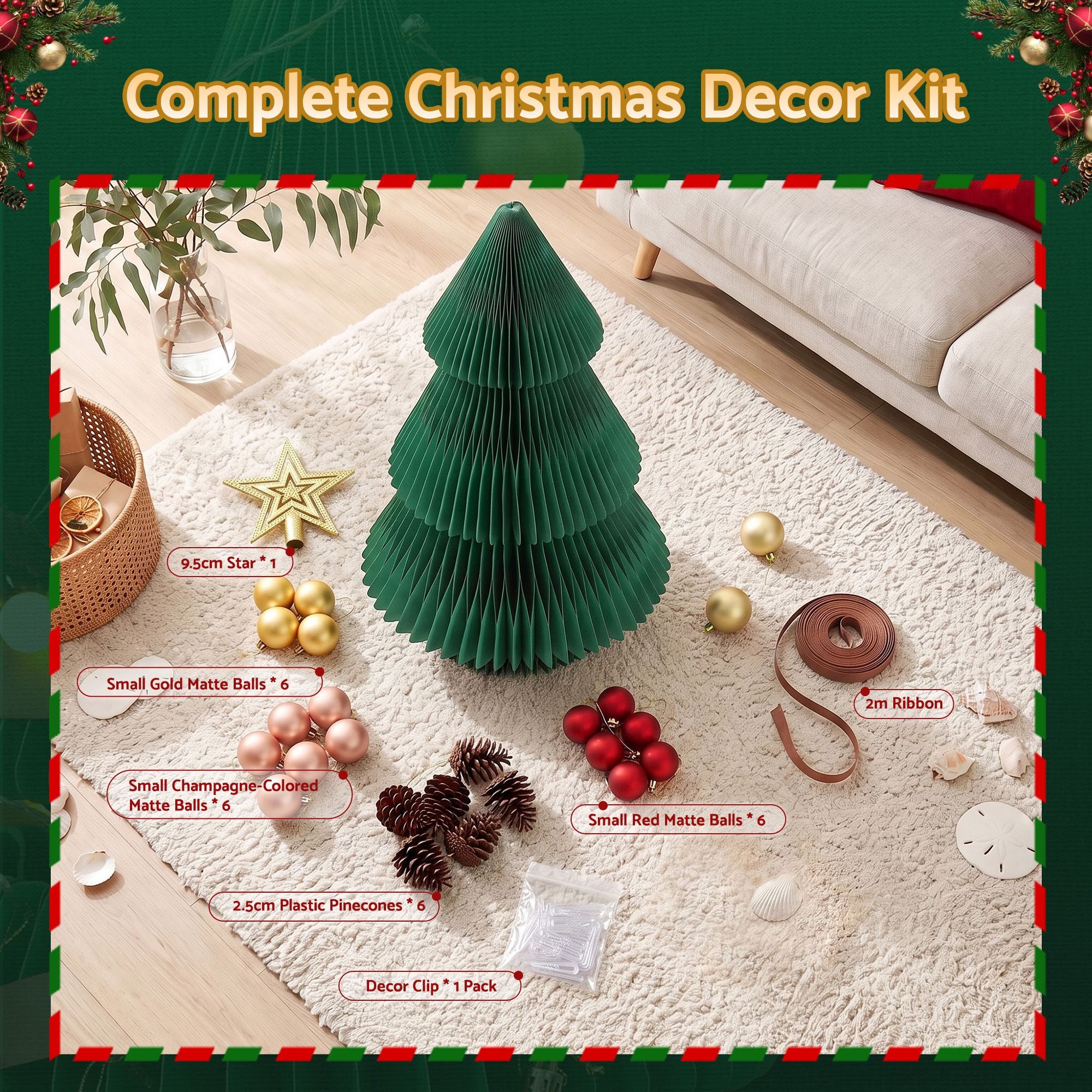 Paper Christmas Tree 47CM w/ Star Topper Xmas Decor Tabletop Green DIY Ornament Set