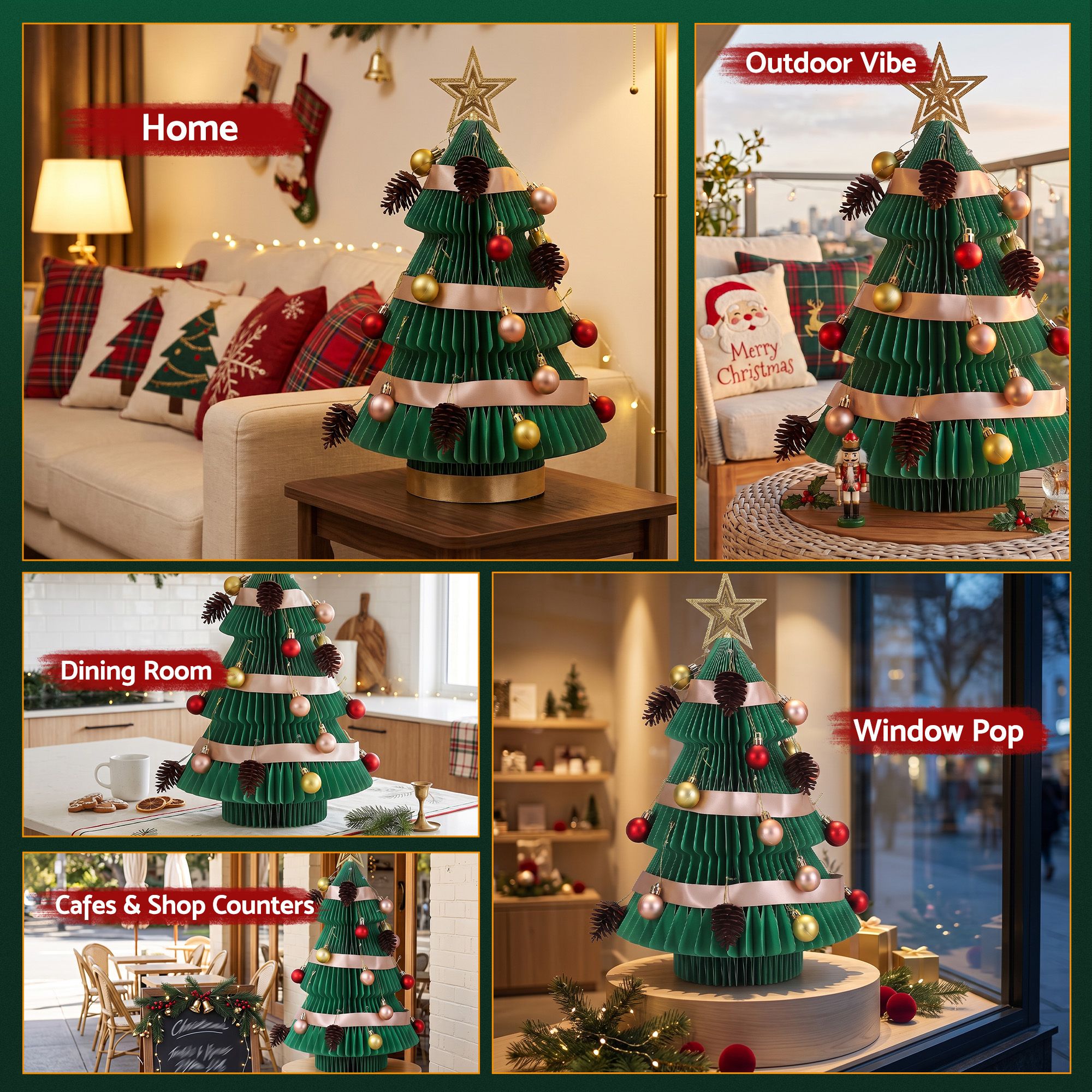 Paper Christmas Tree 47CM w/ Star Topper Xmas Decor Tabletop Green DIY Ornament Set