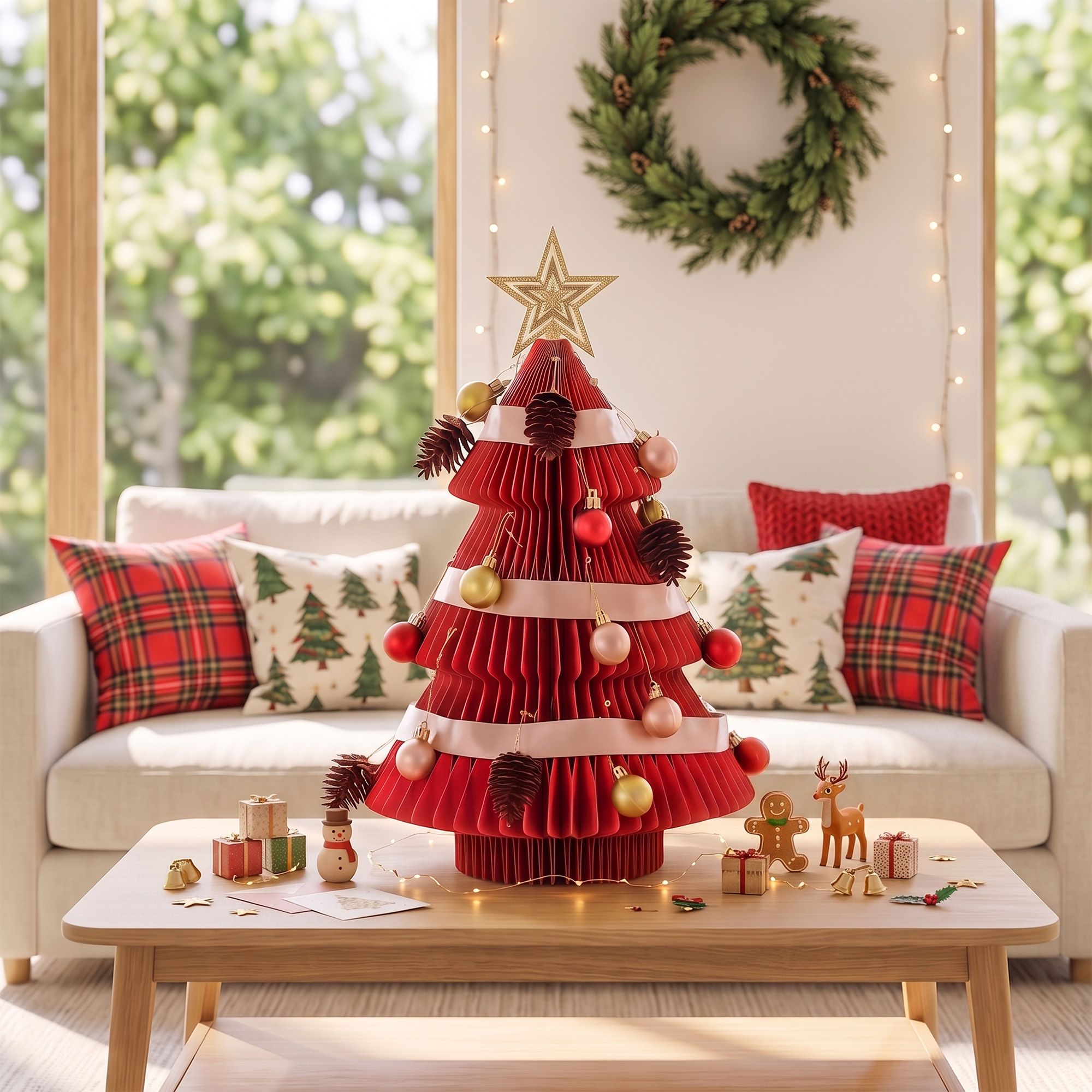 Paper Christmas Tree 47CM w/ Star Topper Xmas Decoration Tabletop Red DIY Ornament Set