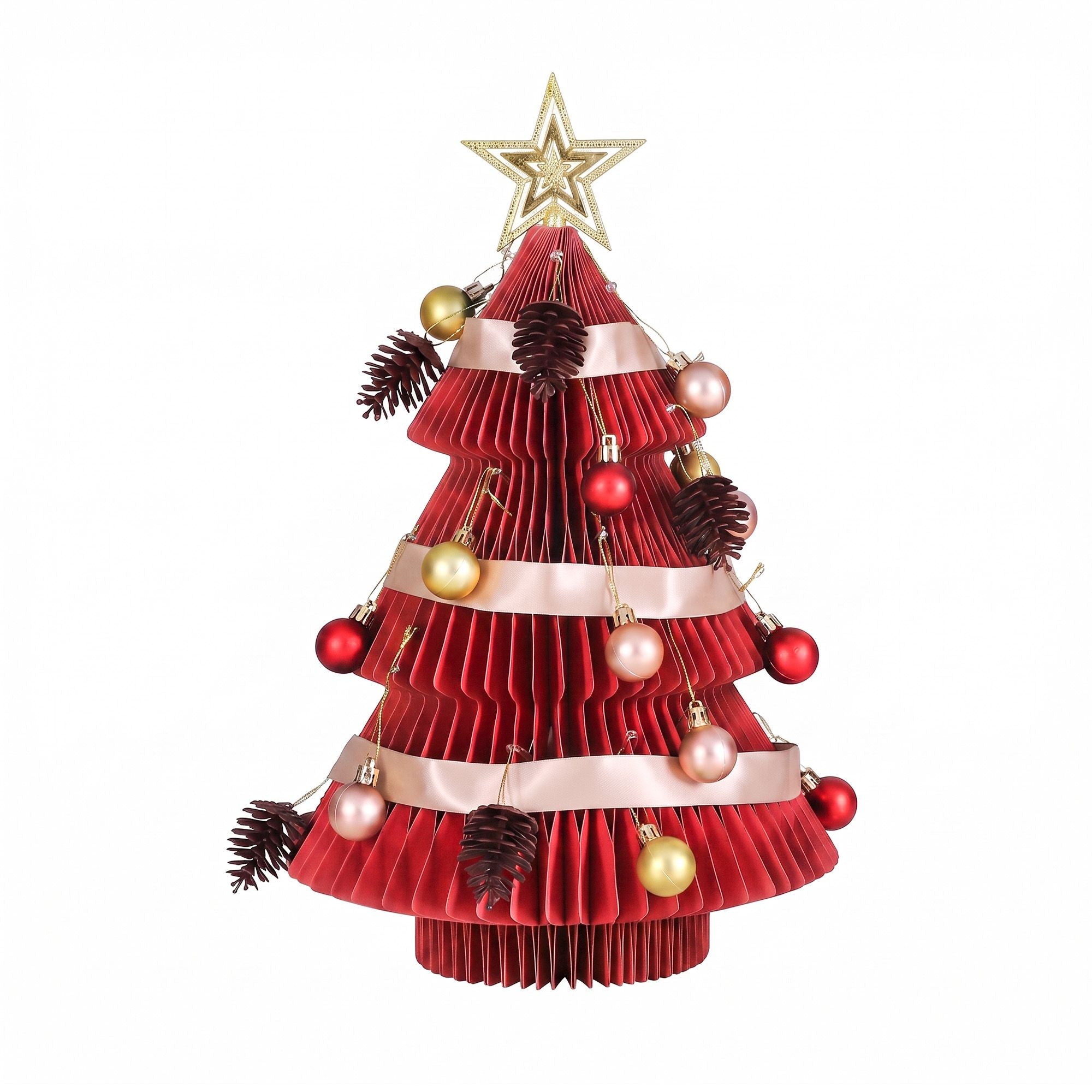 Paper Christmas Tree 47CM w/ Star Topper Xmas Decoration Tabletop Red DIY Ornament Set