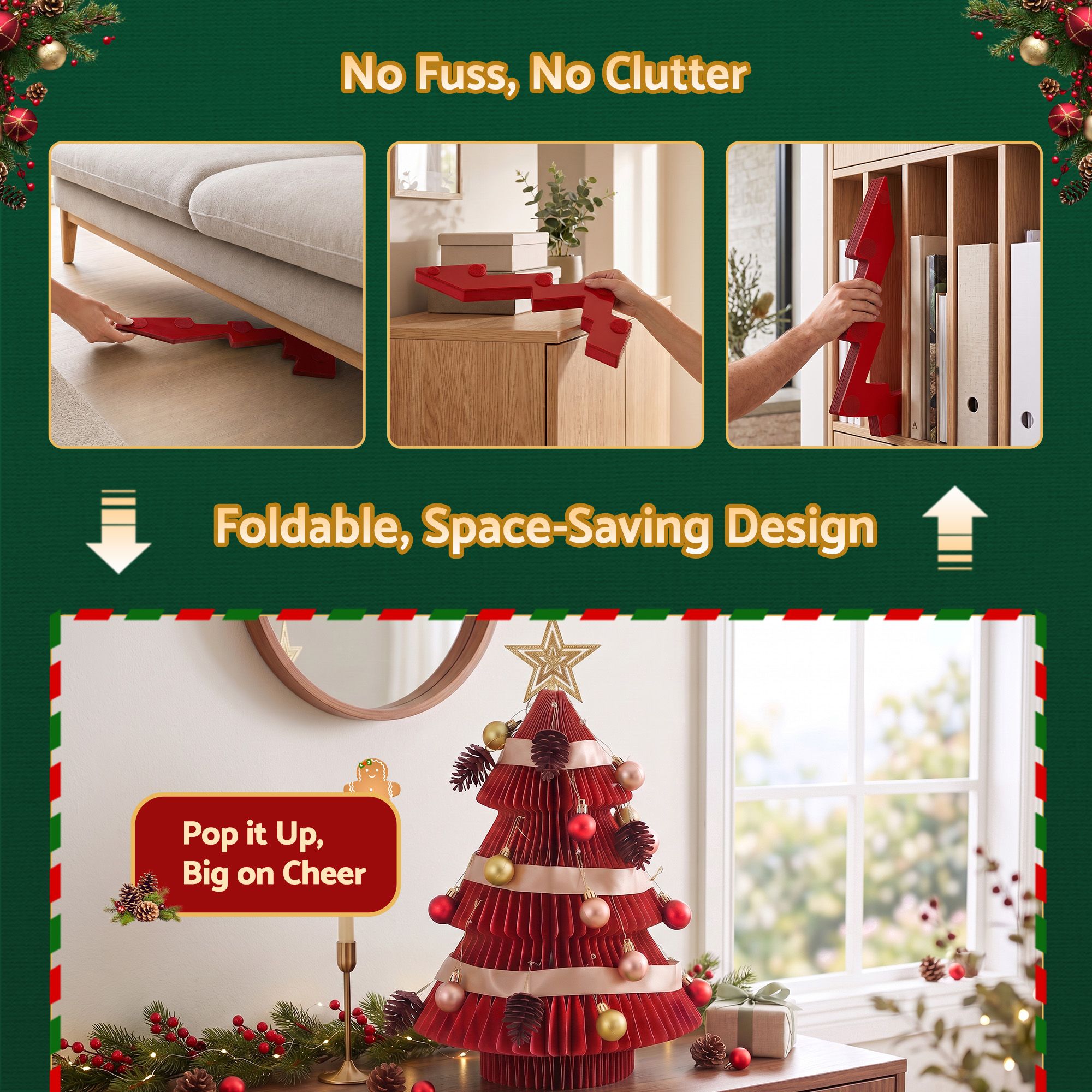 Paper Christmas Tree 47CM w/ Star Topper Xmas Decoration Tabletop Red DIY Ornament Set