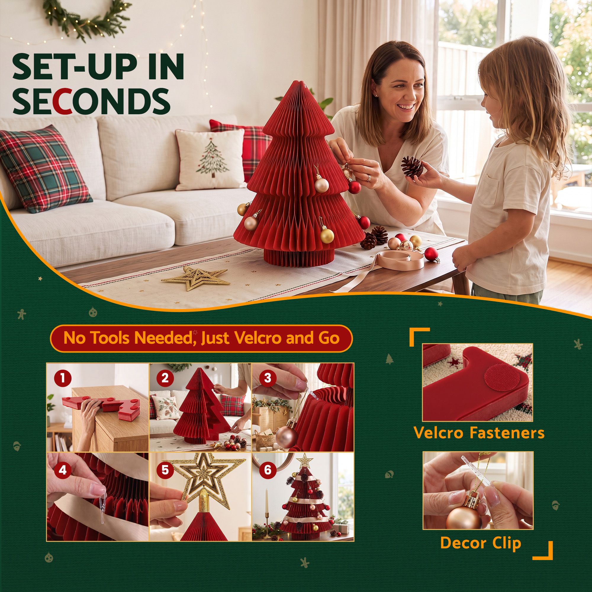 Paper Christmas Tree 47CM w/ Star Topper Xmas Decoration Tabletop Red DIY Ornament Set