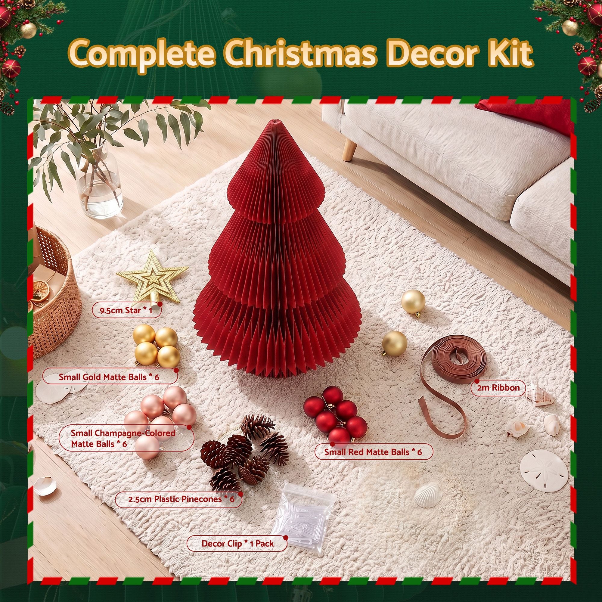 Paper Christmas Tree 47CM w/ Star Topper Xmas Decoration Tabletop Red DIY Ornament Set