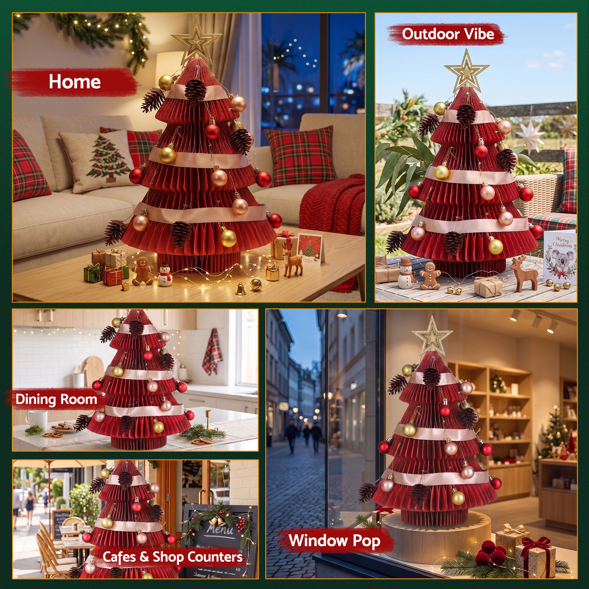 Paper Christmas Tree 47CM w/ Star Topper Xmas Decoration Tabletop Red DIY Ornament Set