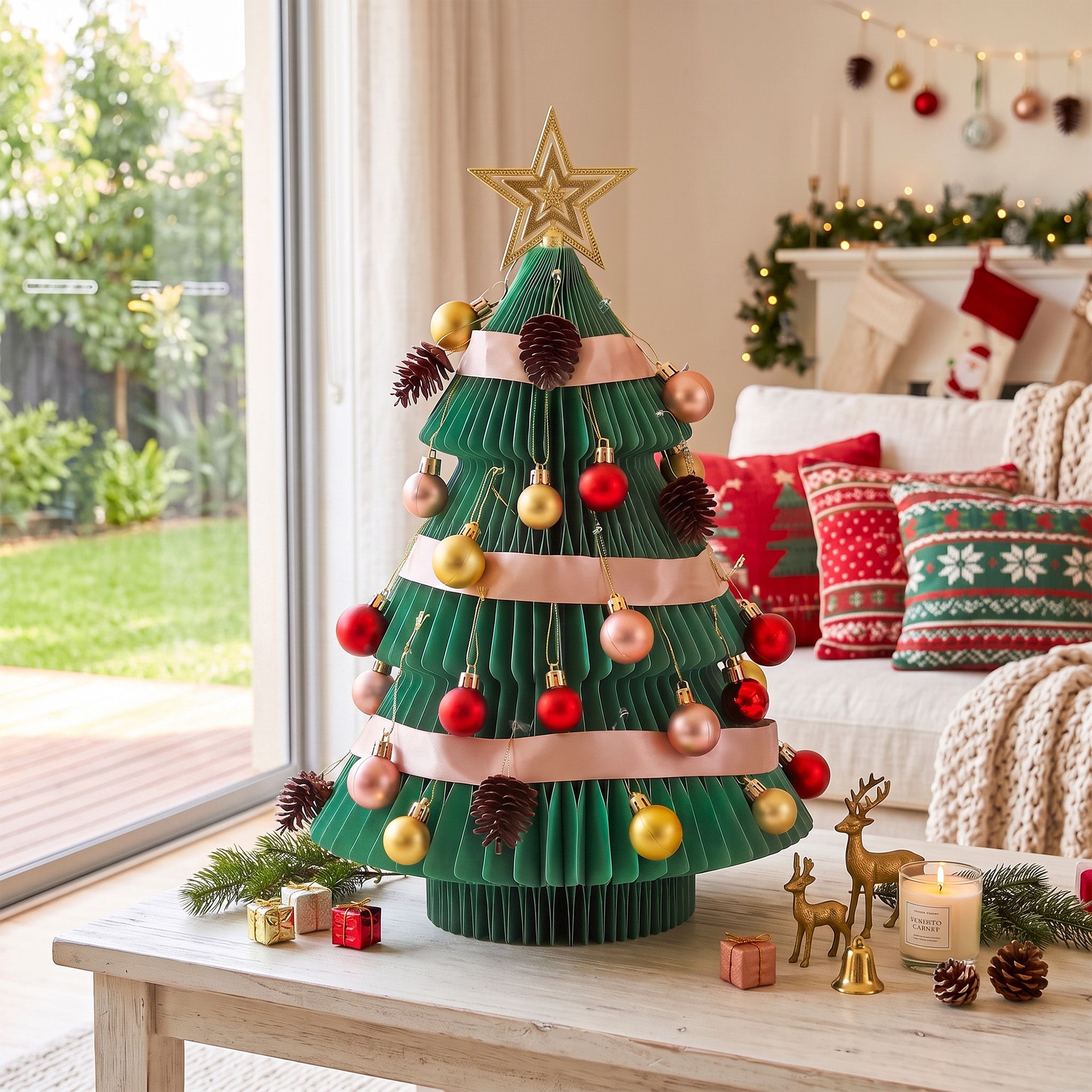 Paper Christmas Tree 61CM w/ Star Topper Xmas Decor Tabletop Green DIY Ornament Set