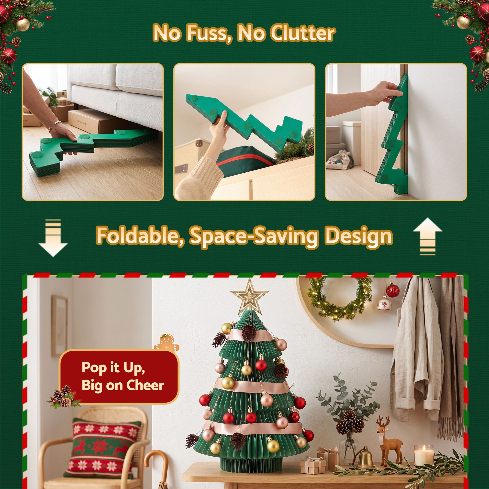 Paper Christmas Tree 61CM w/ Star Topper Xmas Decor Tabletop Green DIY Ornament Set