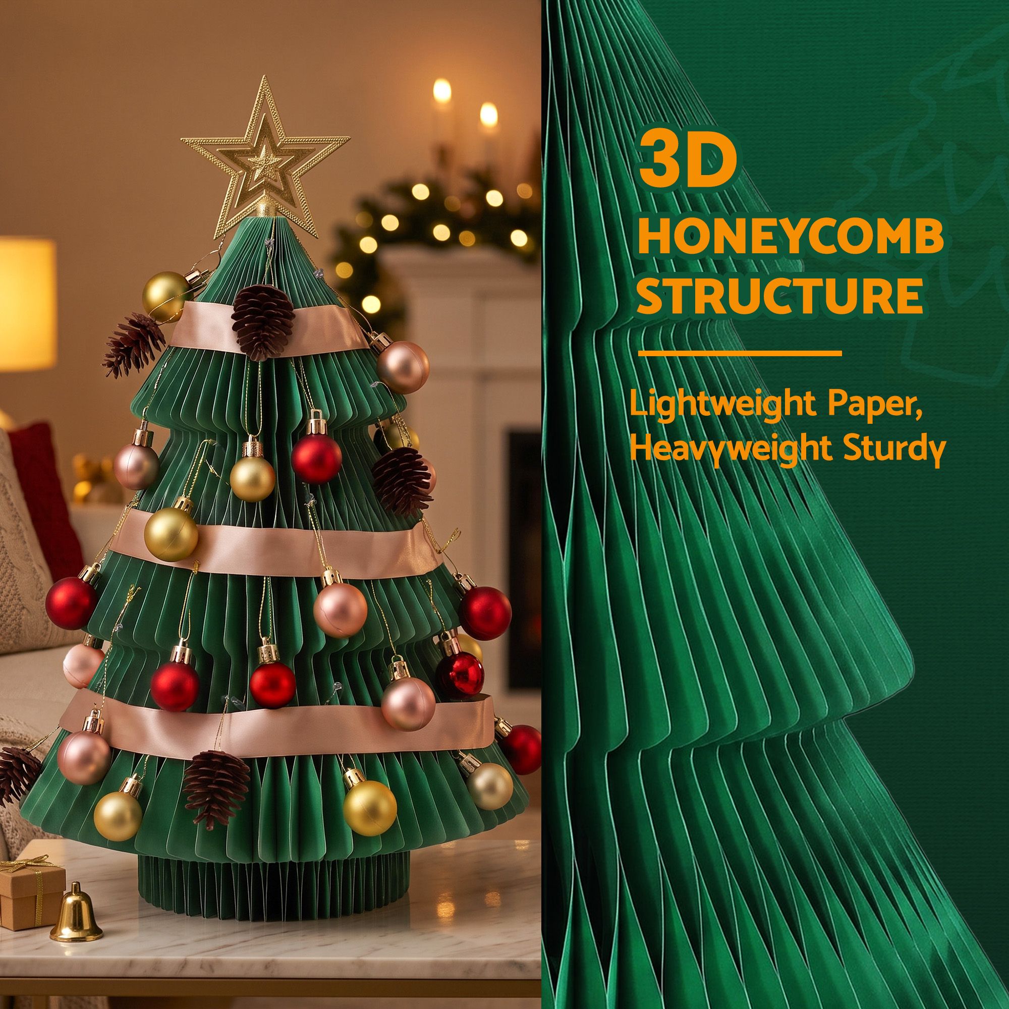 Paper Christmas Tree 61CM w/ Star Topper Xmas Decor Tabletop Green DIY Ornament Set