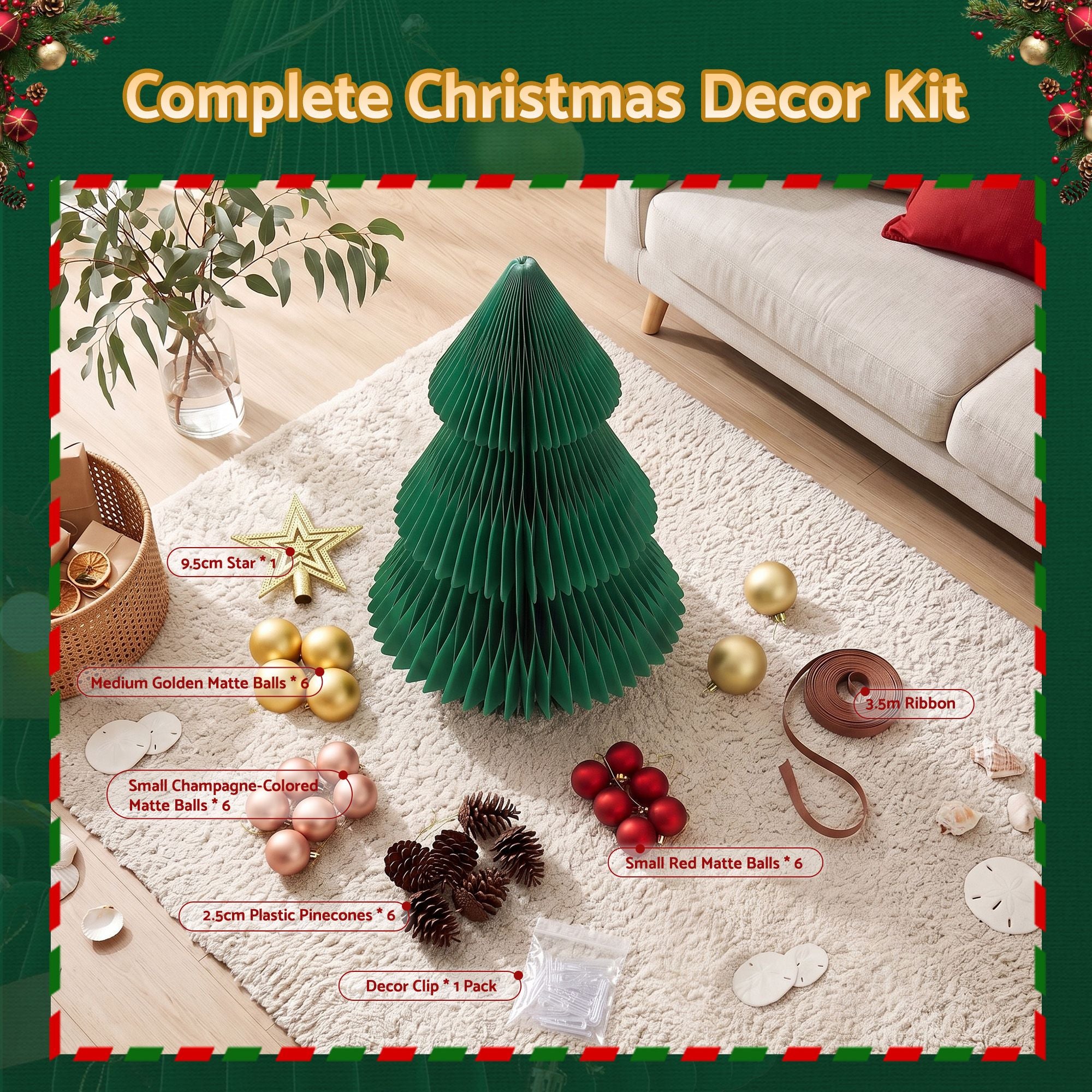 Paper Christmas Tree 61CM w/ Star Topper Xmas Decor Tabletop Green DIY Ornament Set