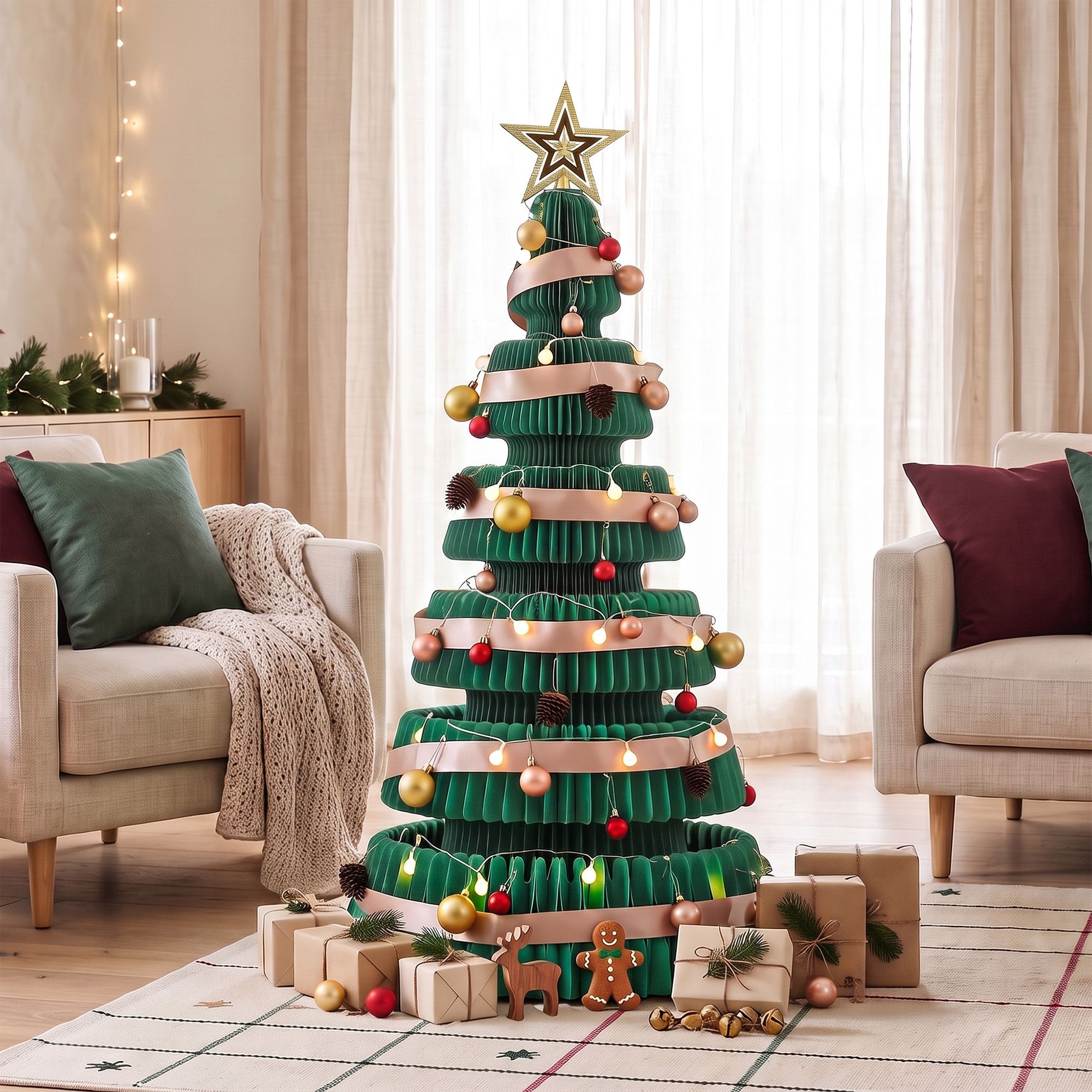 Paper Christmas Tree 111CM w/ Star Topper LEDs Xmas Decorations Kit Home Office Green
