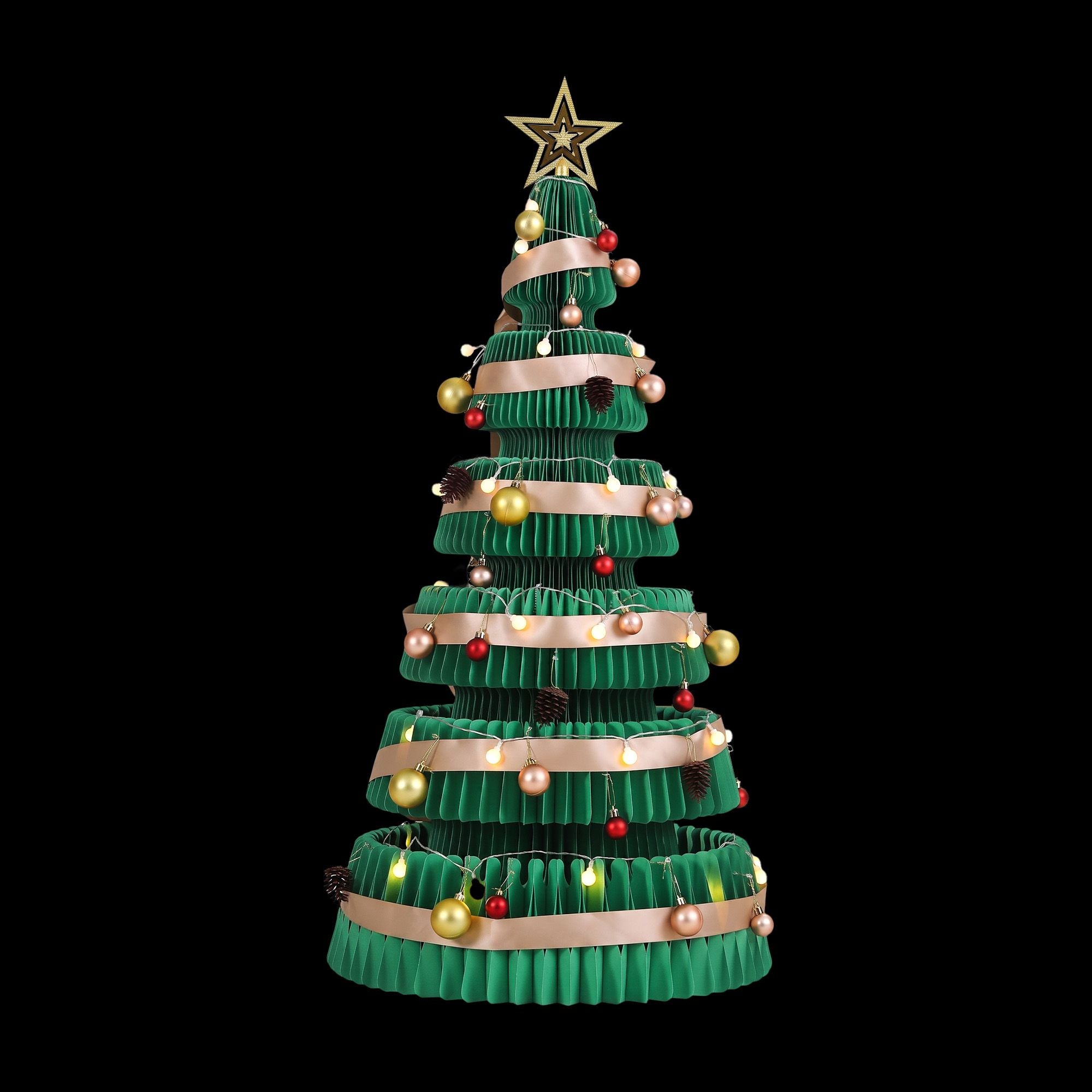 Paper Christmas Tree 111CM w/ Star Topper LEDs Xmas Decorations Kit Home Office Green