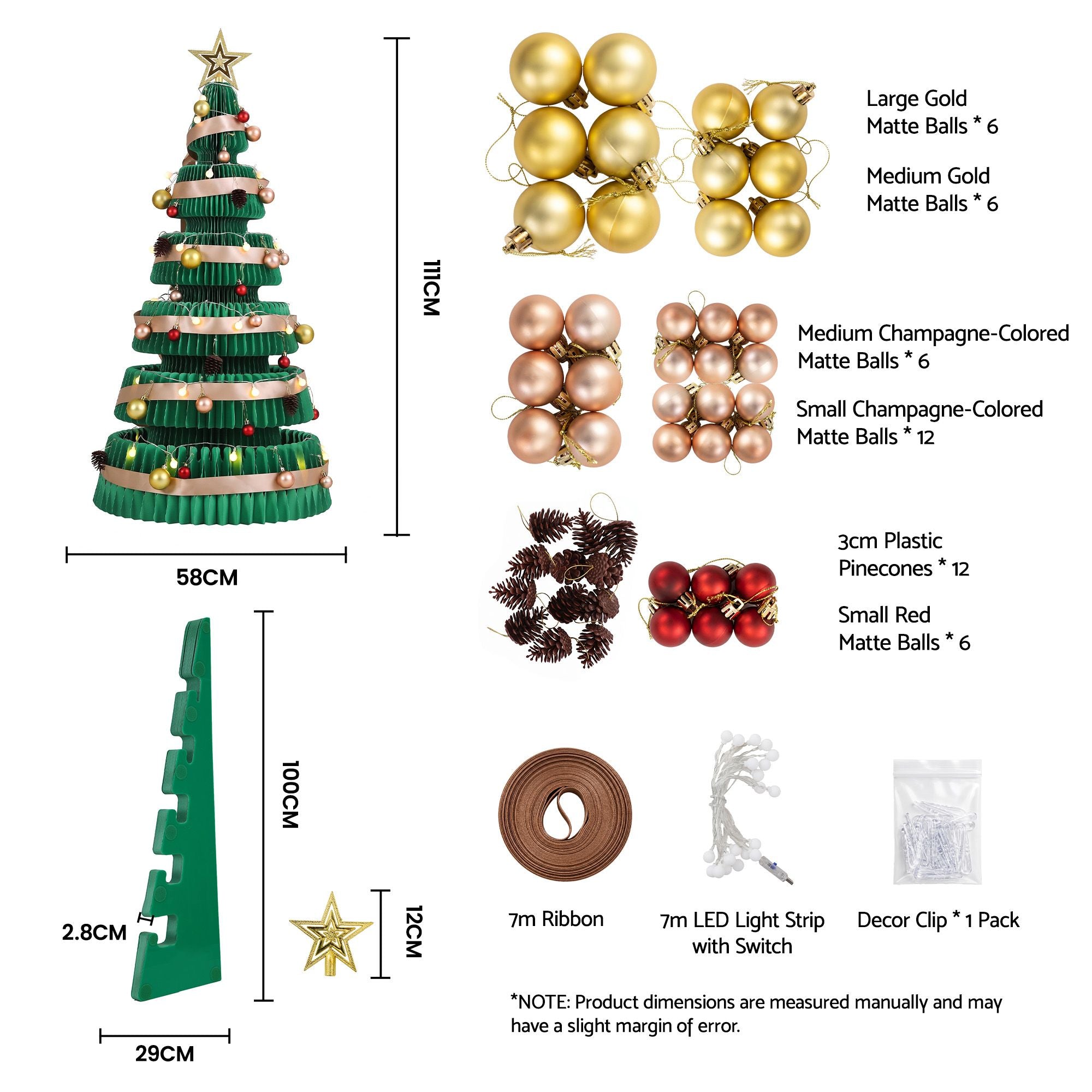 Paper Christmas Tree 111CM w/ Star Topper LEDs Xmas Decorations Kit Home Office Green
