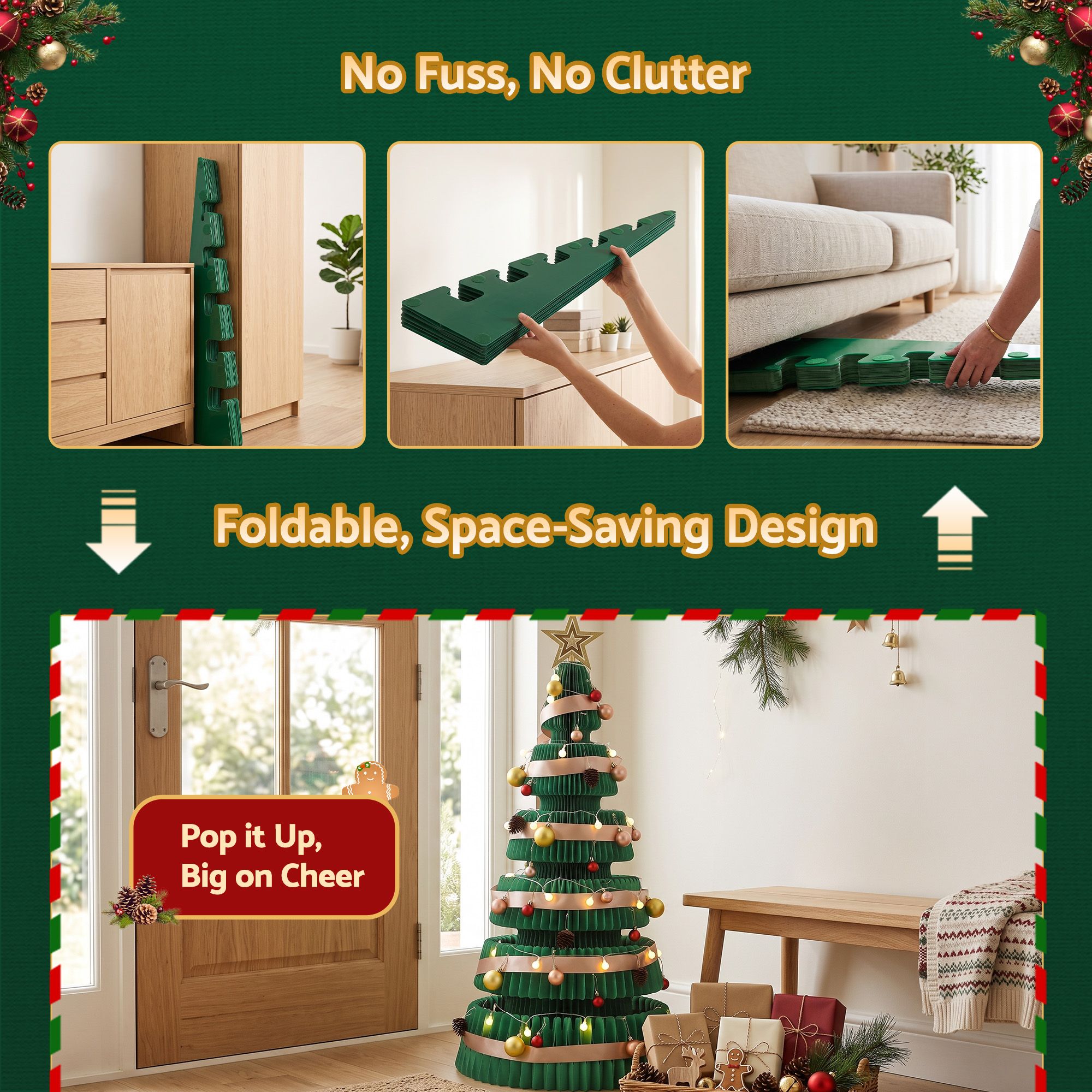 Paper Christmas Tree 111CM w/ Star Topper LEDs Xmas Decorations Kit Home Office Green