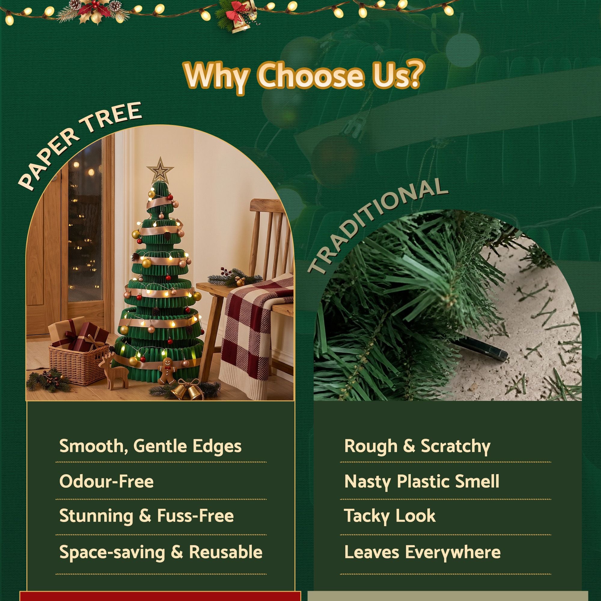 Paper Christmas Tree 111CM w/ Star Topper LEDs Xmas Decorations Kit Home Office Green