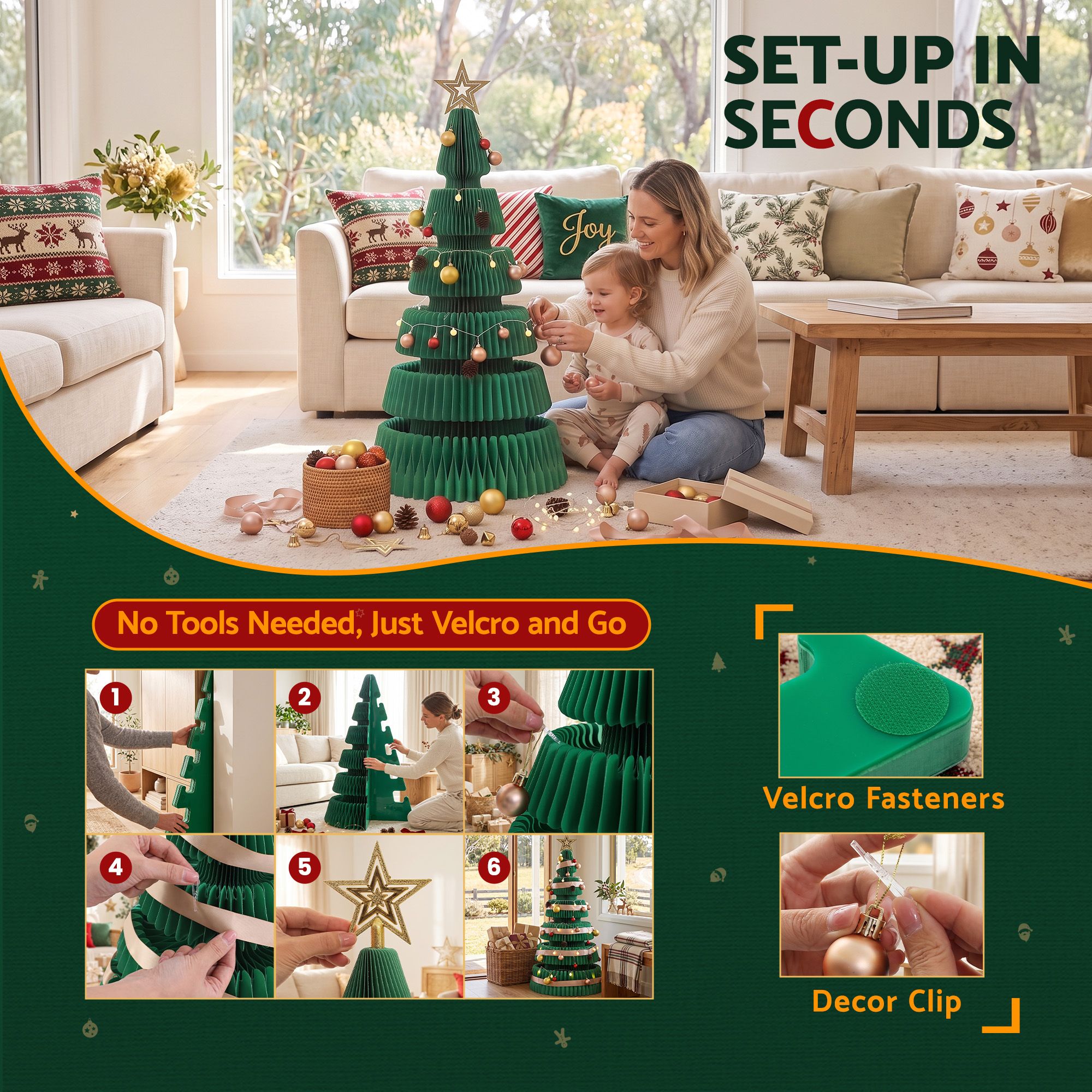 Paper Christmas Tree 111CM w/ Star Topper LEDs Xmas Decorations Kit Home Office Green
