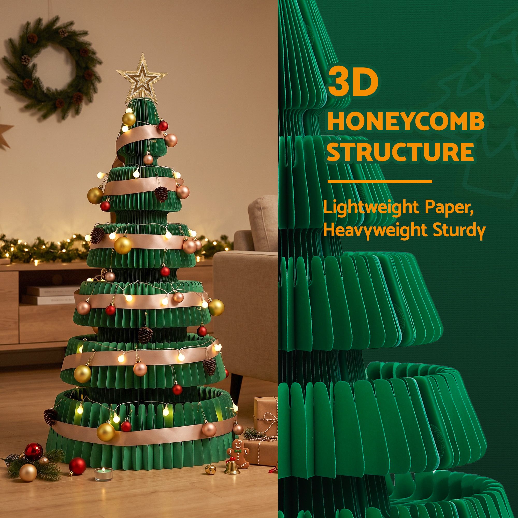 Paper Christmas Tree 111CM w/ Star Topper LEDs Xmas Decorations Kit Home Office Green