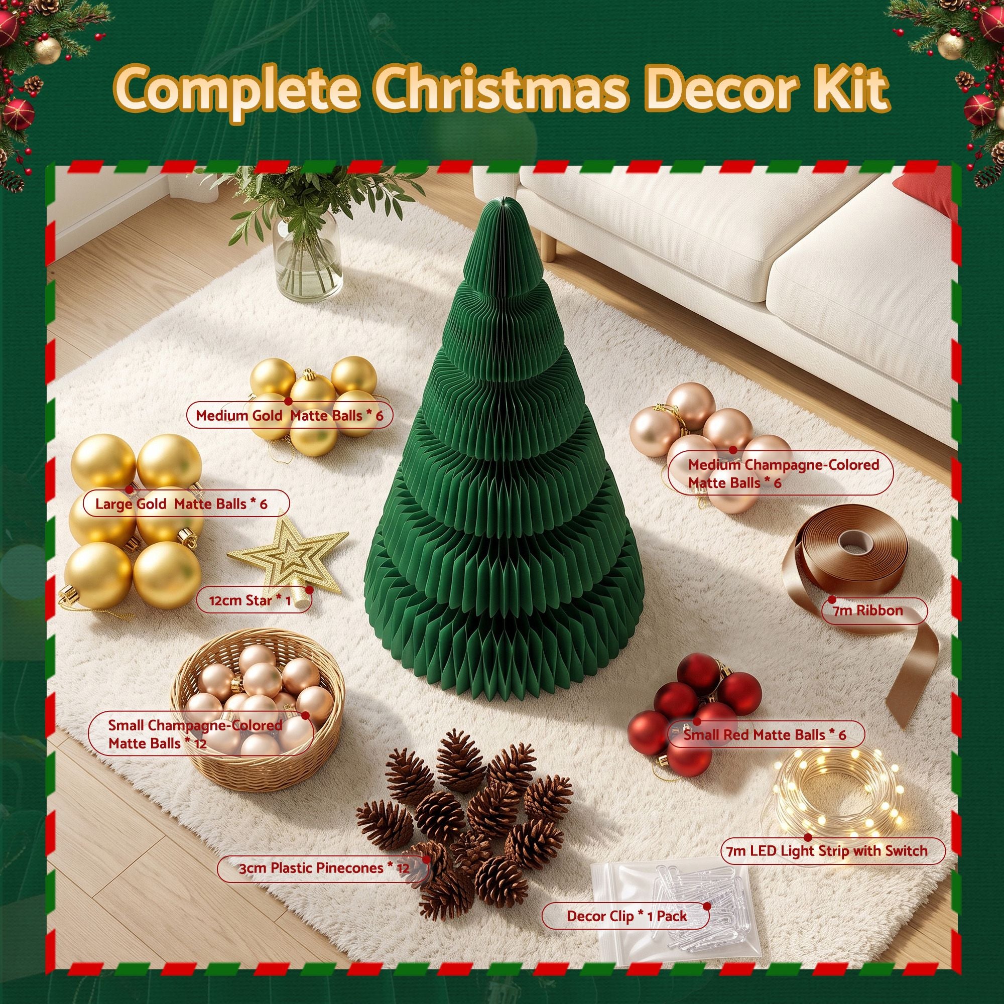 Paper Christmas Tree 111CM w/ Star Topper LEDs Xmas Decorations Kit Home Office Green
