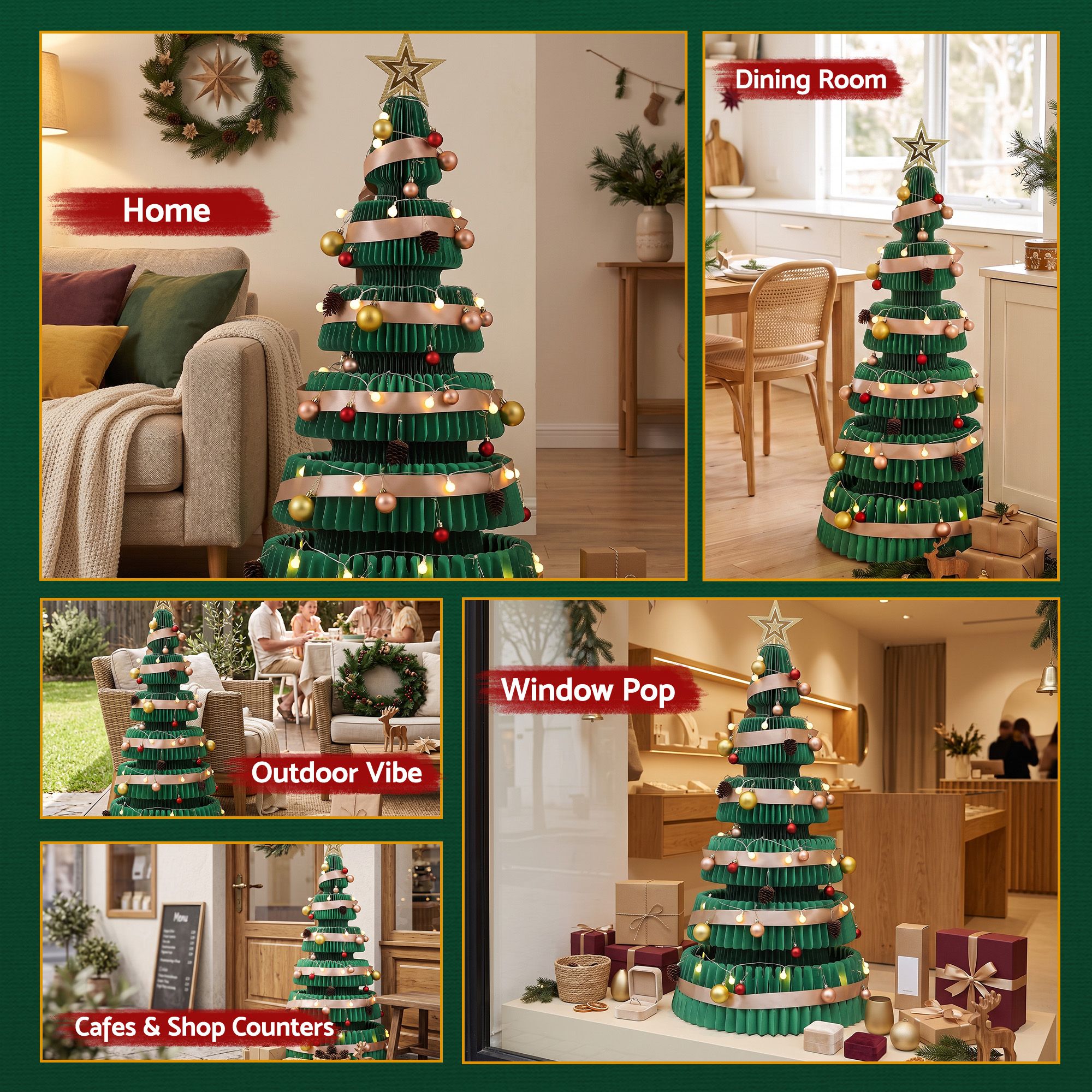 Paper Christmas Tree 111CM w/ Star Topper LEDs Xmas Decorations Kit Home Office Green