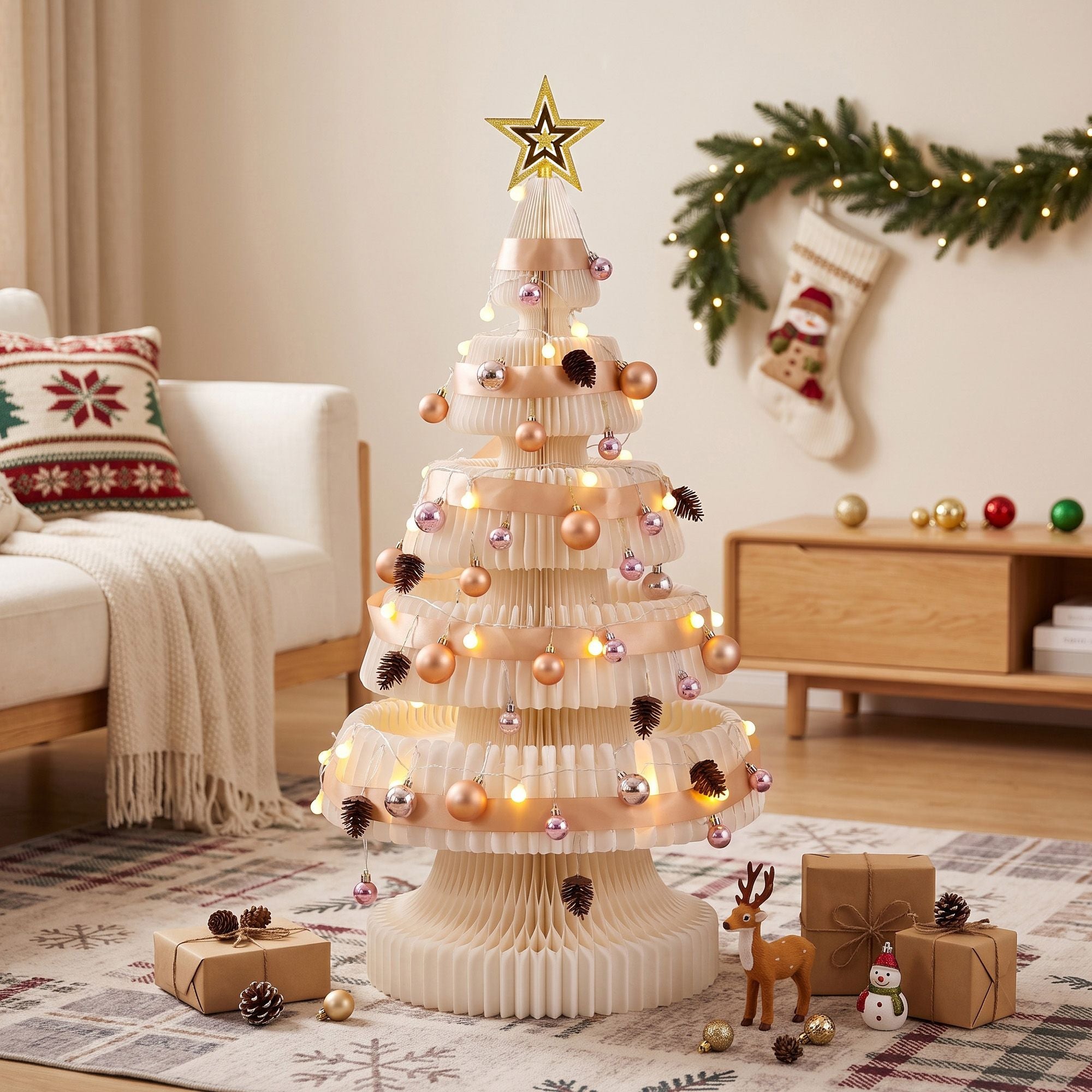 Paper Christmas Tree 114CM w/ Star Topper LEDs Xmas Decorations Kit Home Office White