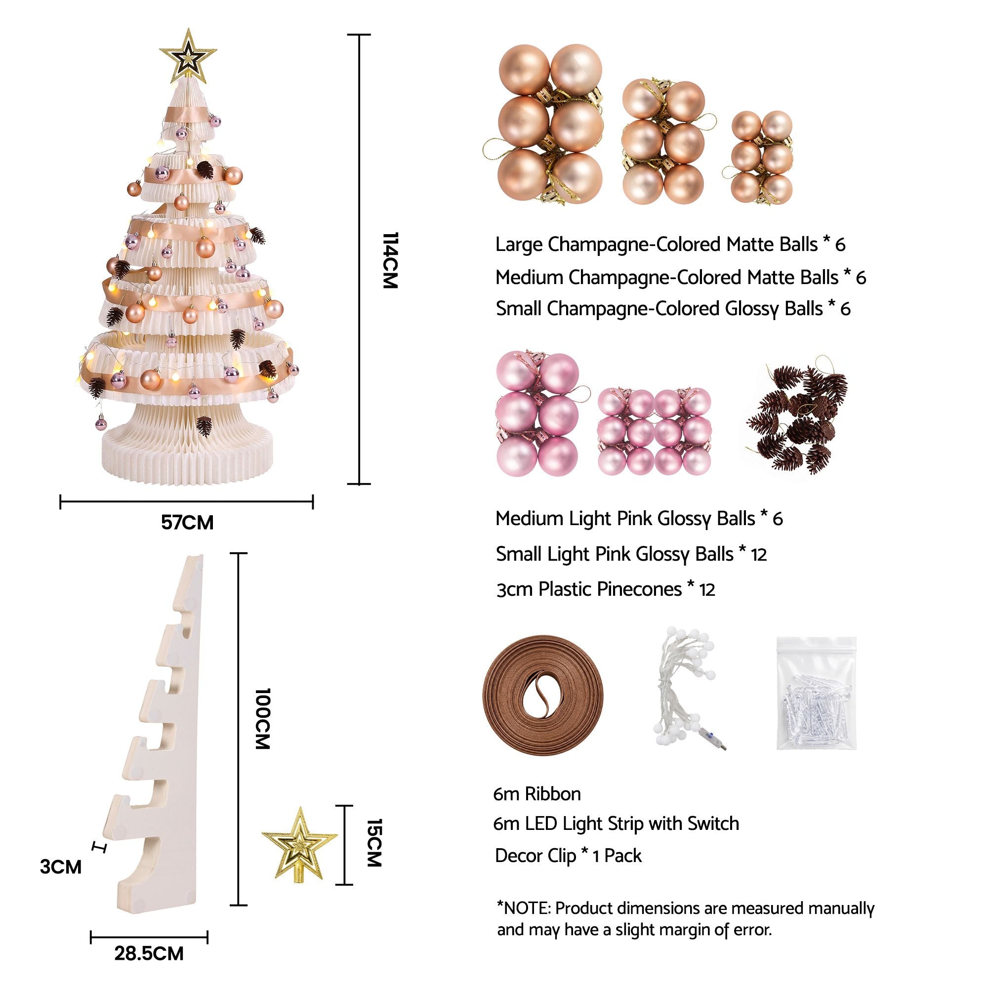 Paper Christmas Tree 114CM w/ Star Topper LEDs Xmas Decorations Kit Home Office White